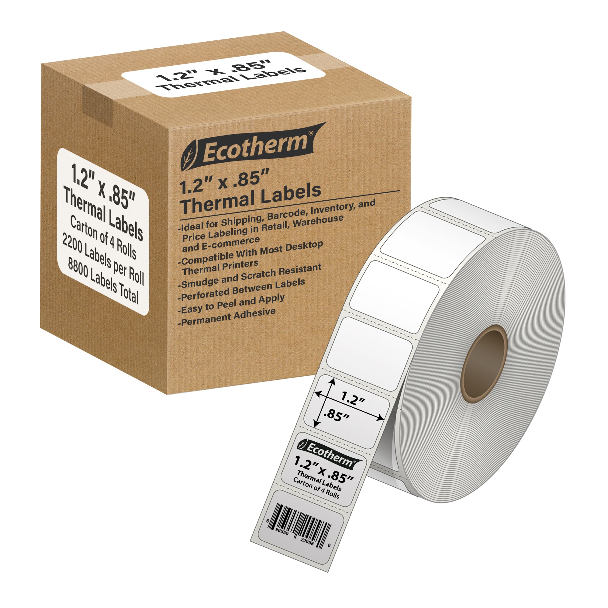 Ecotherm 1.2 x 0.85 inch direct thermal labels in a 4 roll case on 1 inch cores — small-format white perforated thermal paper with permanent hotmelt adhesive, ideal for jewelry, beauty products, and small product labeling, compatible with Zebra ZD420, ZD500, Datamax, Sato, TSC, GoDex, and Rollo printers