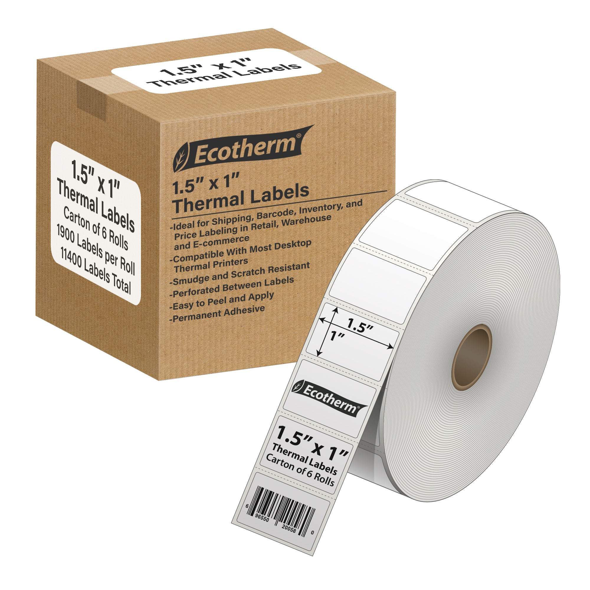 Ecotherm 1.5 x 1 inch direct thermal labels in a 6 roll case on 1 inch cores — small-format white perforated thermal paper with permanent hotmelt adhesive, ideal for Amazon FBA, barcode, and retail price tags, compatible with Zebra ZD420, ZD500, Datamax, Sato, TSC, GoDex, and Rollo printers