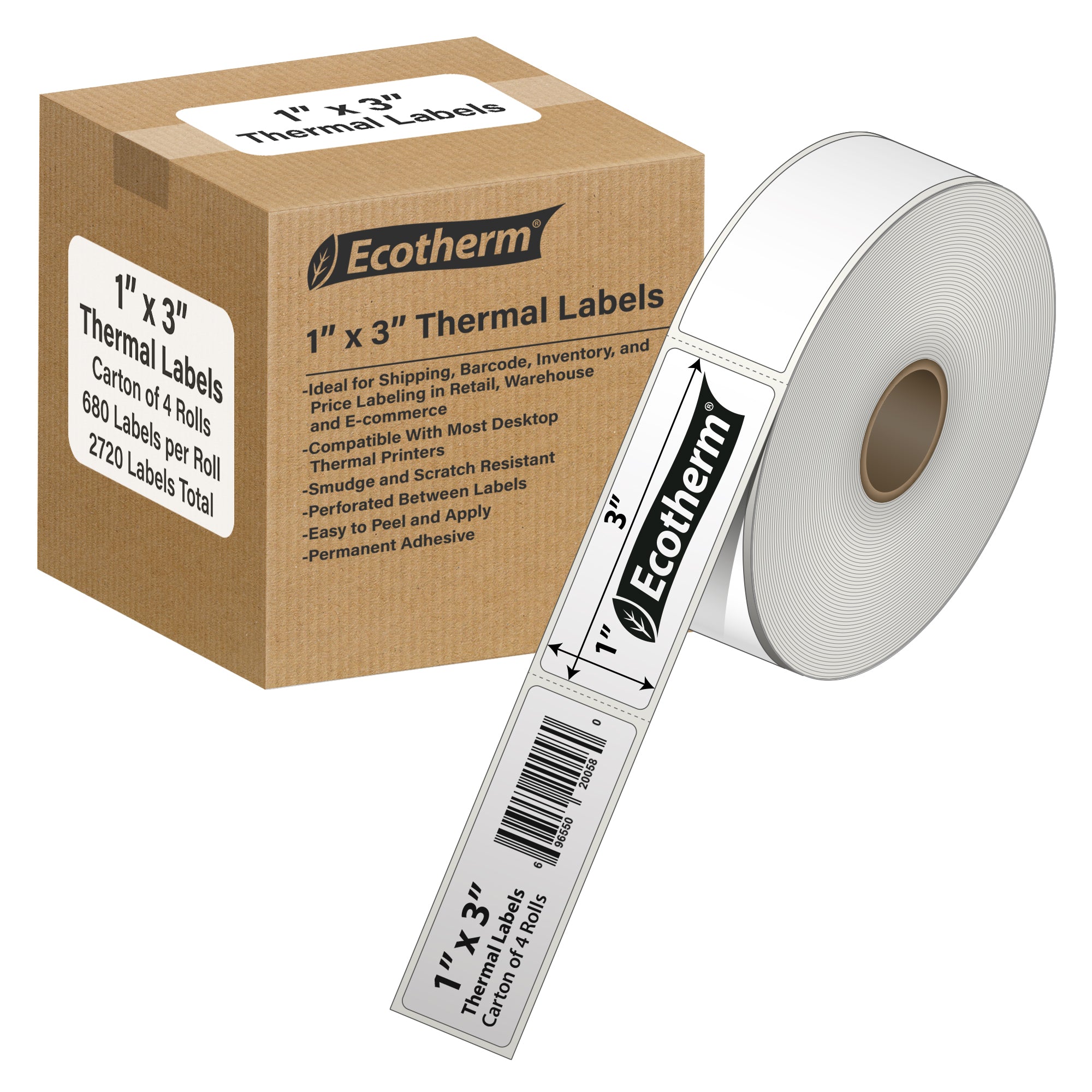 Ecotherm 1" x 3" direct thermal wraparound labels — 4-roll case on 1" core, 75gsm matte white, perforated.