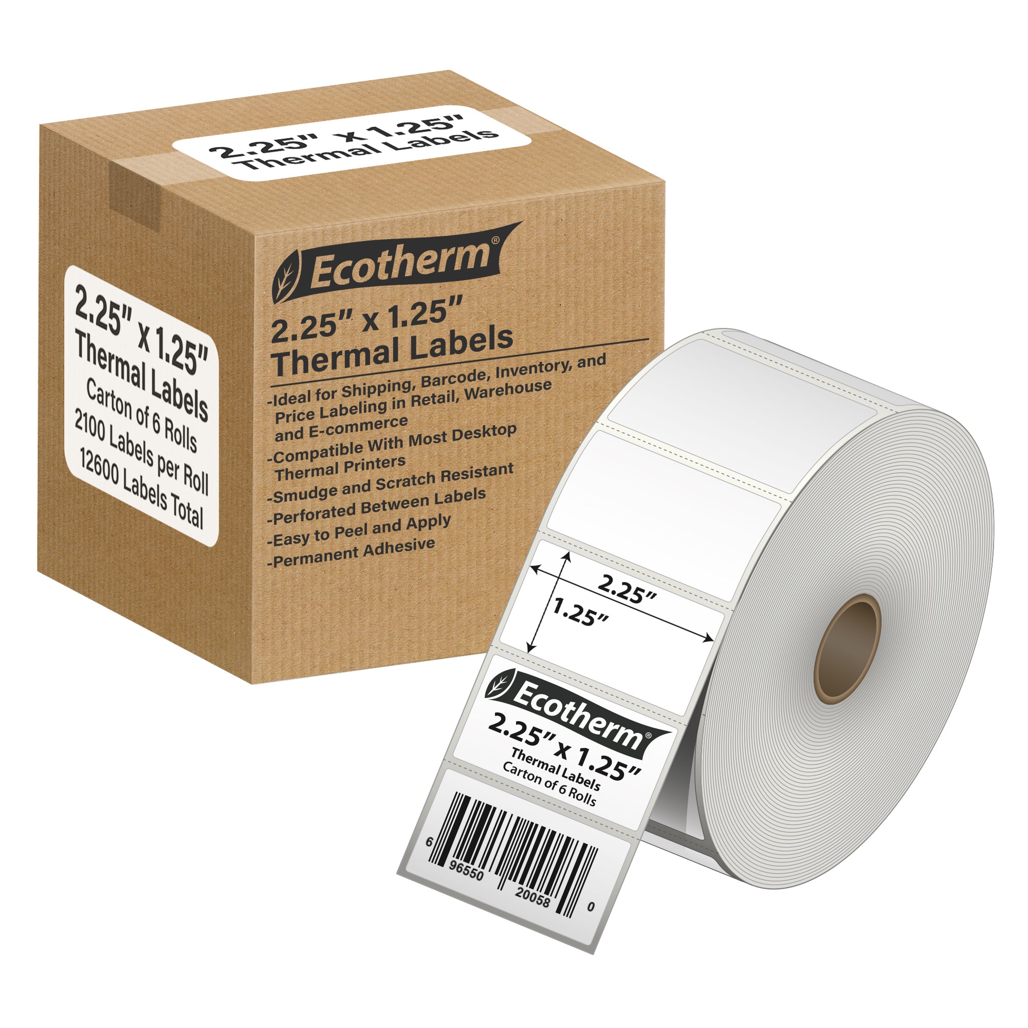 Ecotherm 2.25" x 1.25" direct thermal name badge labels — 6-roll case on 1" core, 75gsm matte white, perforated.