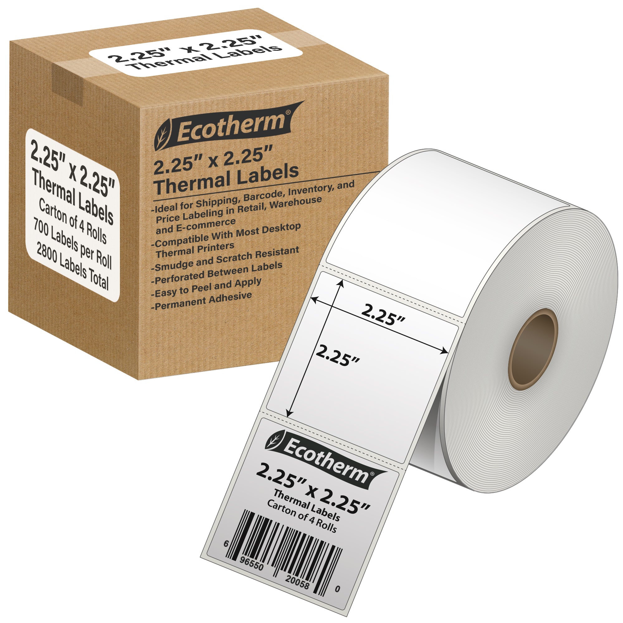 Ecotherm 2.25" x 2.25" direct thermal square product labels — 4-roll case on 1" core, 75gsm matte white, perforated.
