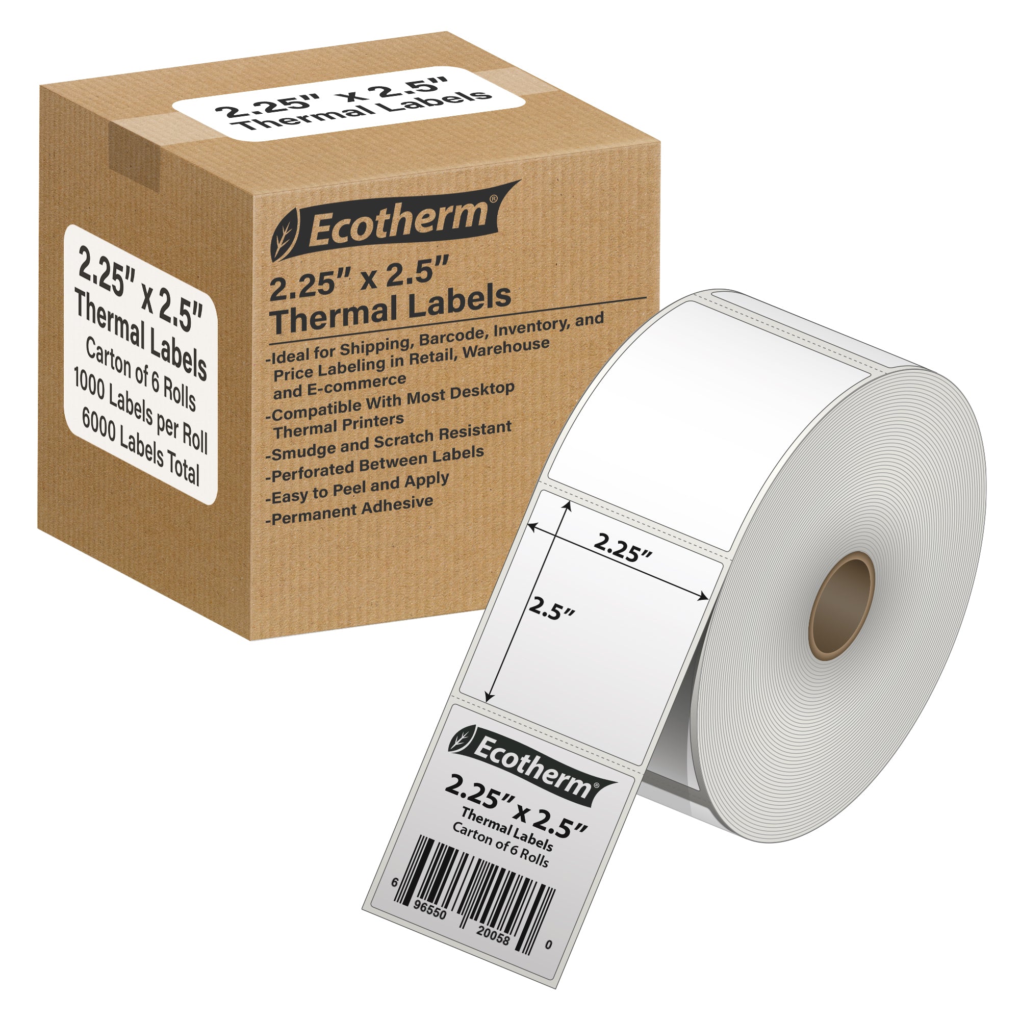 Ecotherm 2.25" x 2.5" direct thermal product labels — 6-roll case on 1" core, 75gsm matte white, perforated.