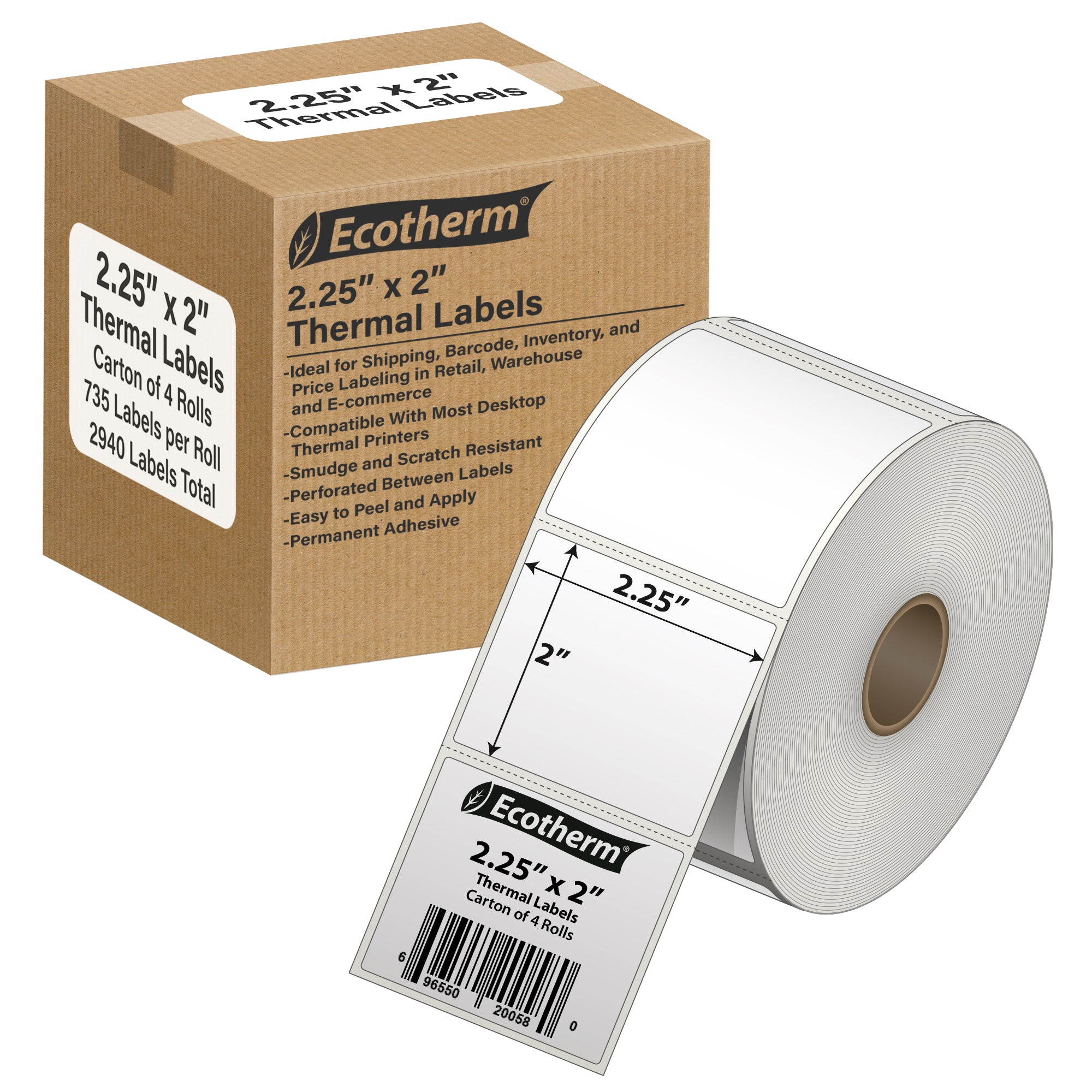Ecotherm 2.25" x 2" direct thermal product labels — 4-roll case on 1" core, 75gsm matte white, perforated.