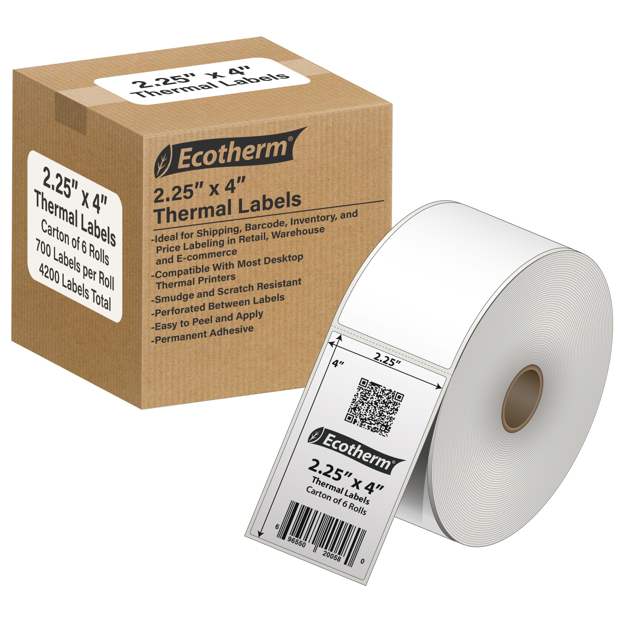 Ecotherm 2.25" x 4" direct thermal package labels — 6-roll case on 1" core, 75gsm matte white, perforated.