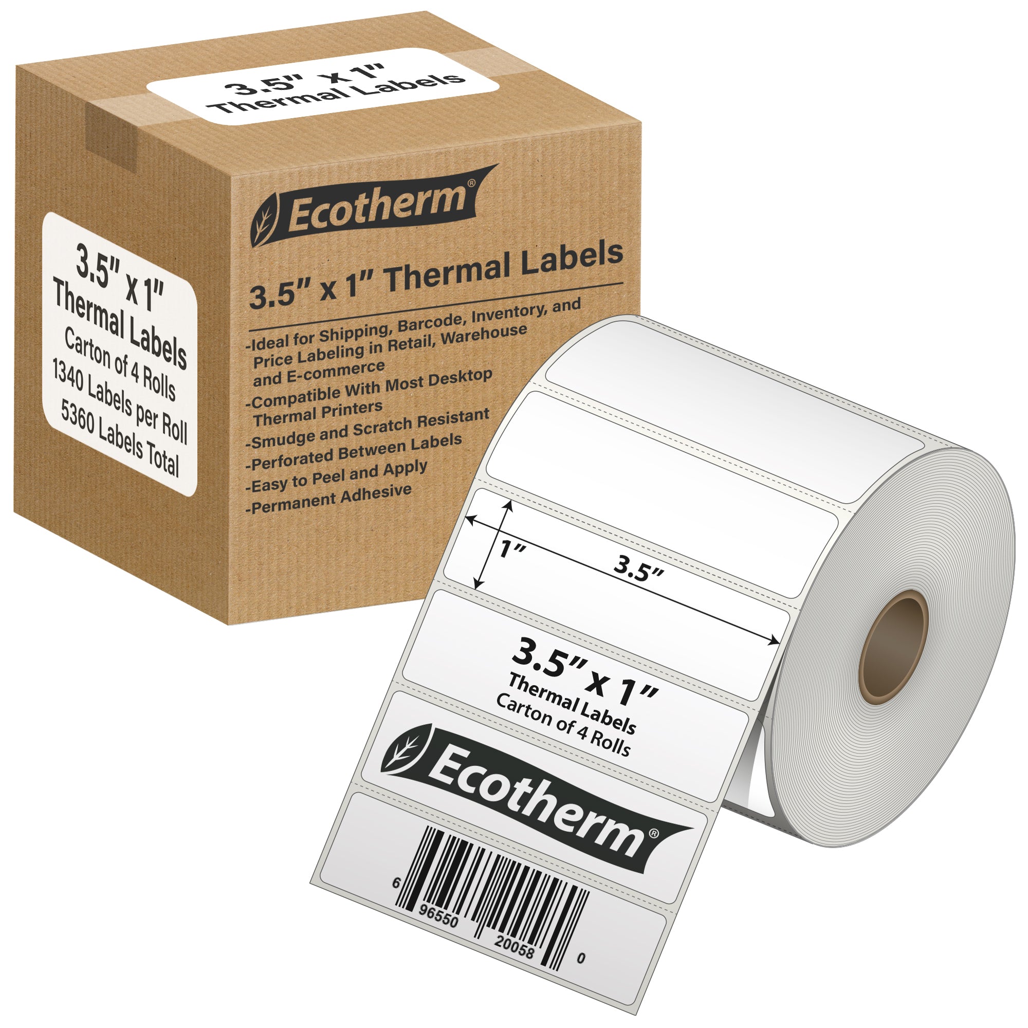 Ecotherm 3.5" x 1" direct thermal asset and name labels — 4-roll case on 1" core (4" outer diameter), 75gsm matte white paper, perforated.