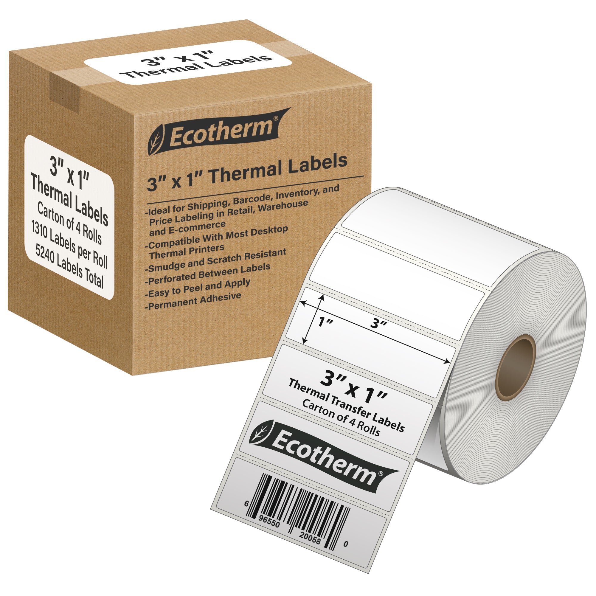 Ecotherm 3" x 1" direct thermal asset and name labels — 4-roll case on 1" core, 75gsm matte white, perforated.