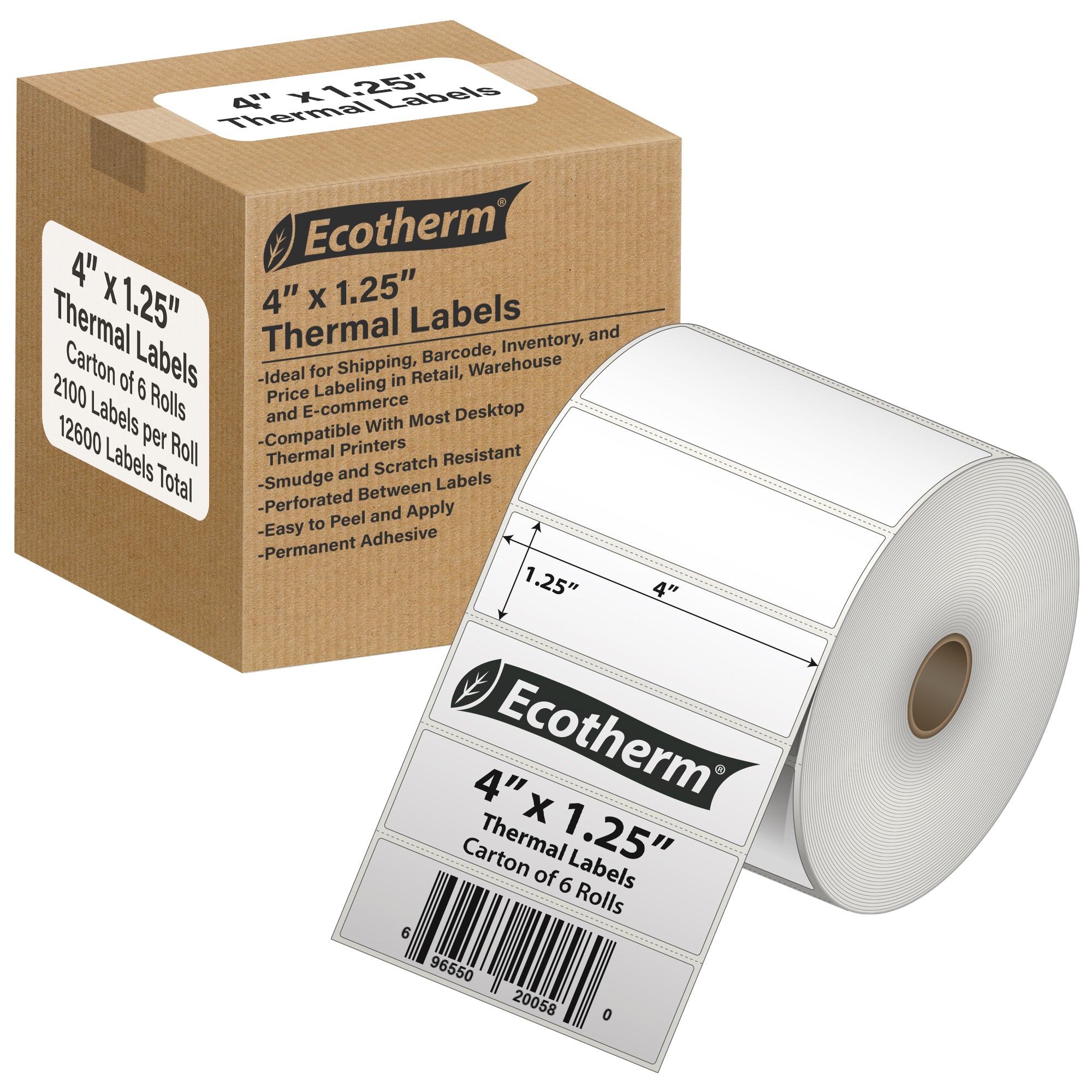 Ecotherm 4" x 1.25" direct thermal address labels — 6-roll case on 1" core, 75gsm matte white, perforated.