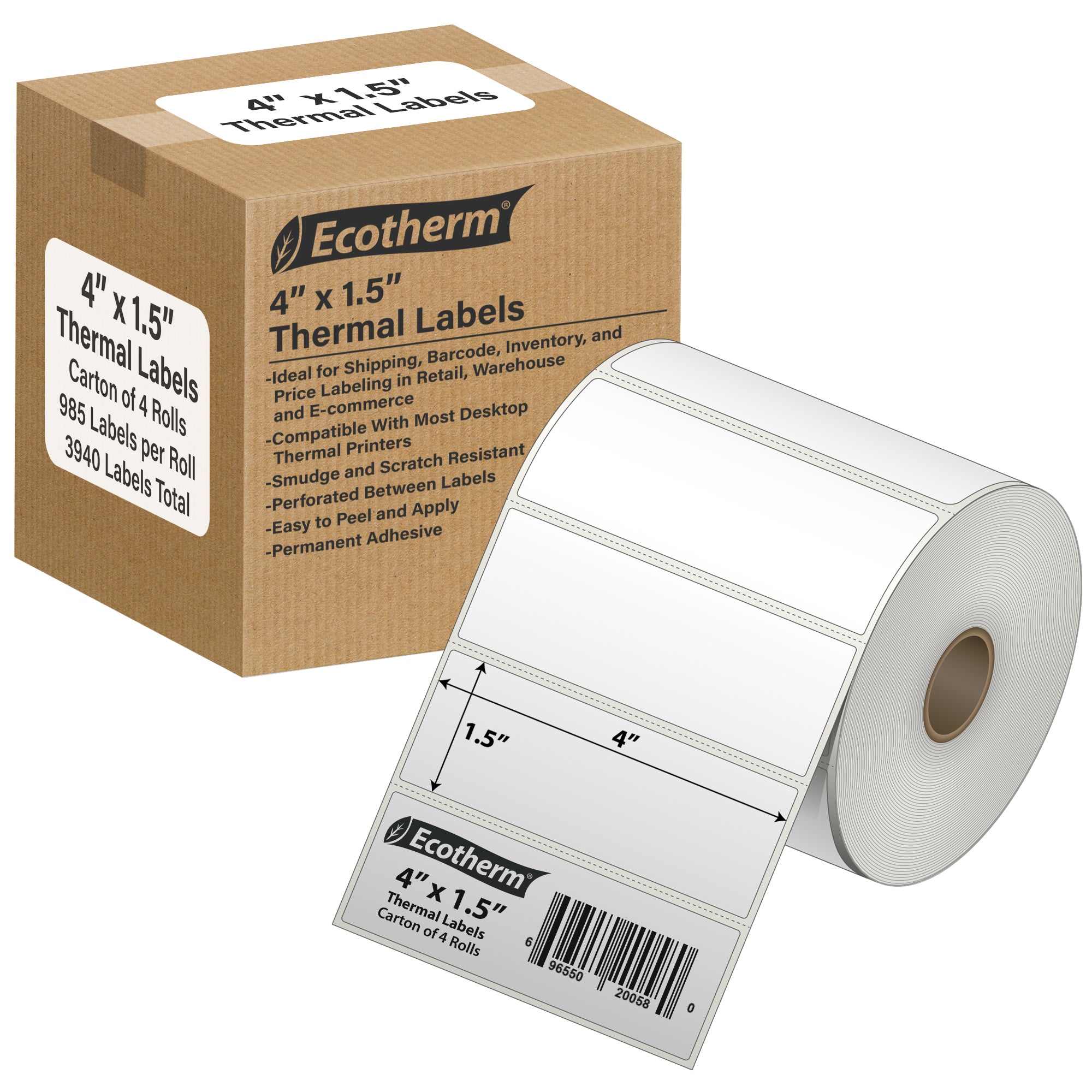 Ecotherm 4" x 1.5" direct thermal address labels — 4-roll case on 1" core (4" outer diameter), 75gsm matte white paper, perforated.