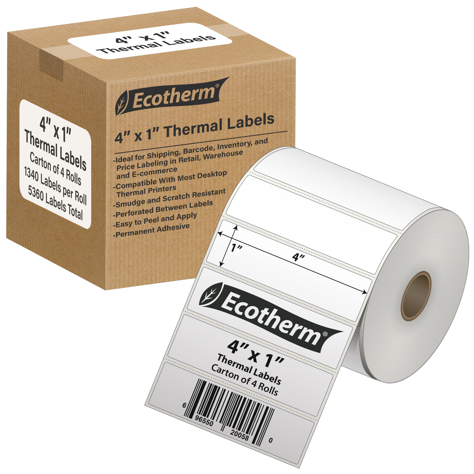 Ecotherm 4" x 1" direct thermal address labels — 4-roll case on 1" core (4" outer diameter), 75gsm matte white paper, perforated.