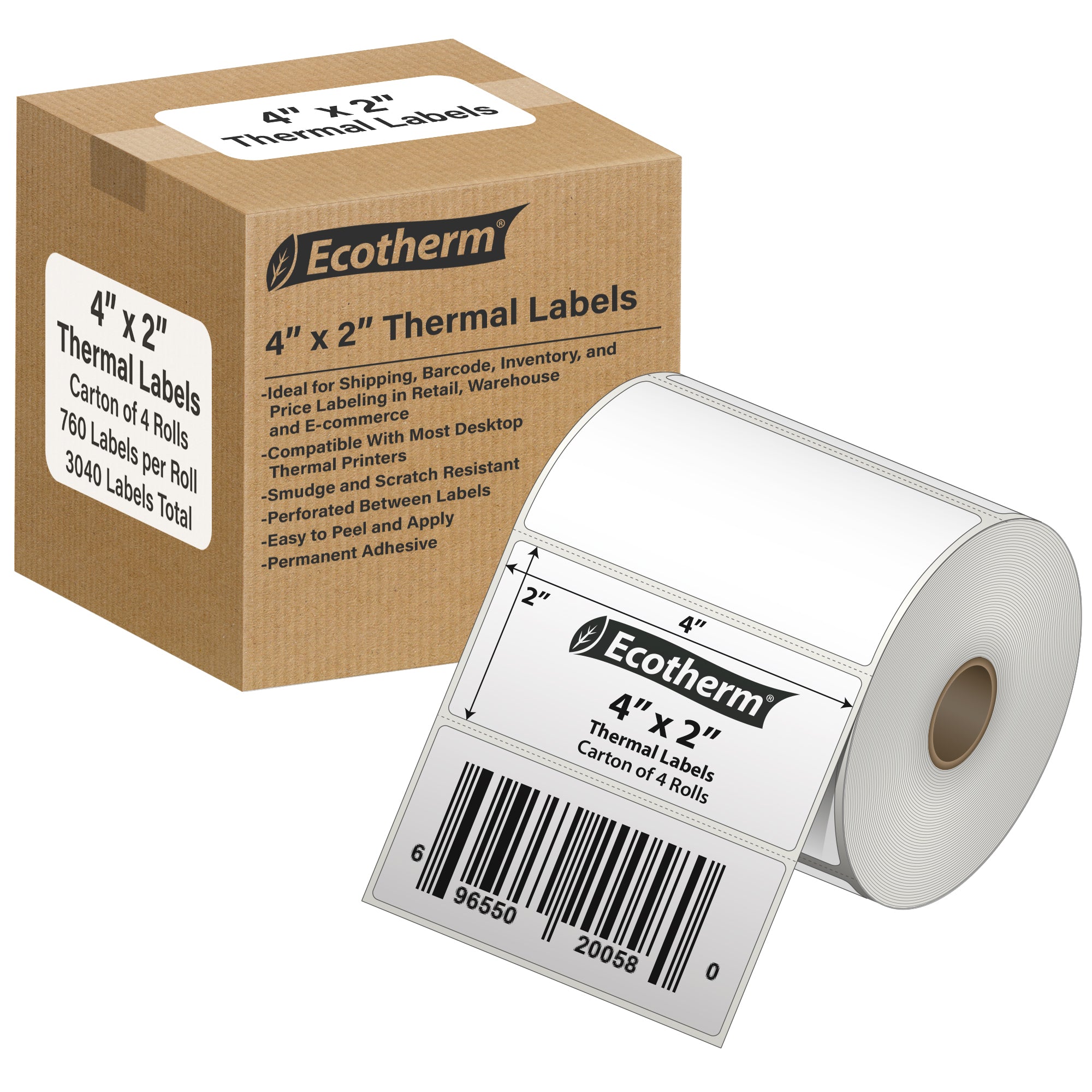 Ecotherm 4 x 2 inch direct thermal labels in a 4 roll case on 1 inch cores — white perforated thermal paper with permanent hotmelt adhesive, ideal for Amazon FBA, barcode, and SKU labeling, compatible with Zebra ZD420, ZD500, Datamax, Sato, TSC, GoDex, and Rollo printers