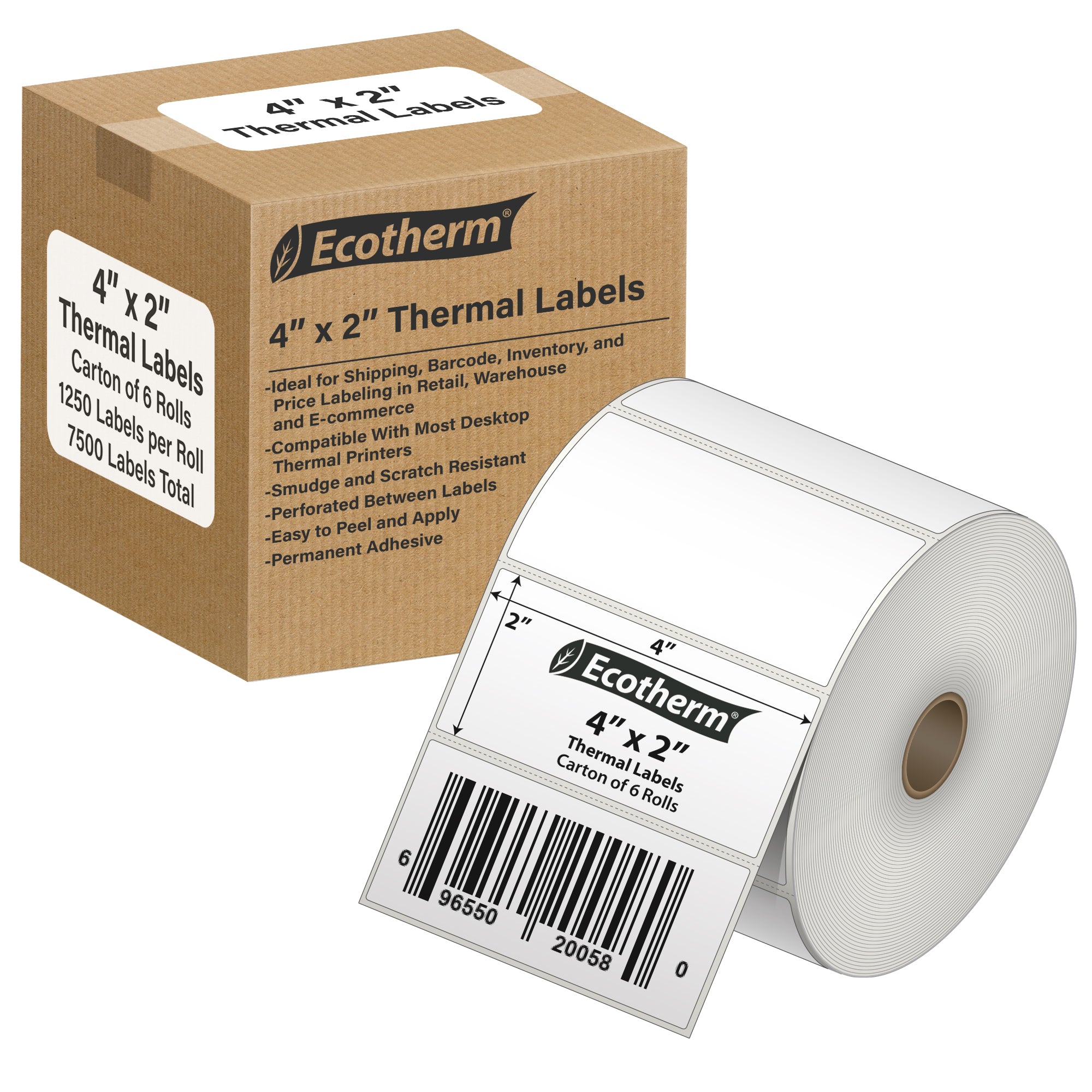 Ecotherm 4 x 2 inch direct thermal labels in a 6 roll case on 1 inch cores — white perforated thermal paper with permanent hotmelt adhesive, ideal for Amazon FBA, barcode, and SKU labeling, compatible with Zebra ZD420, ZD500, Datamax, Sato, TSC, GoDex, and Rollo printers