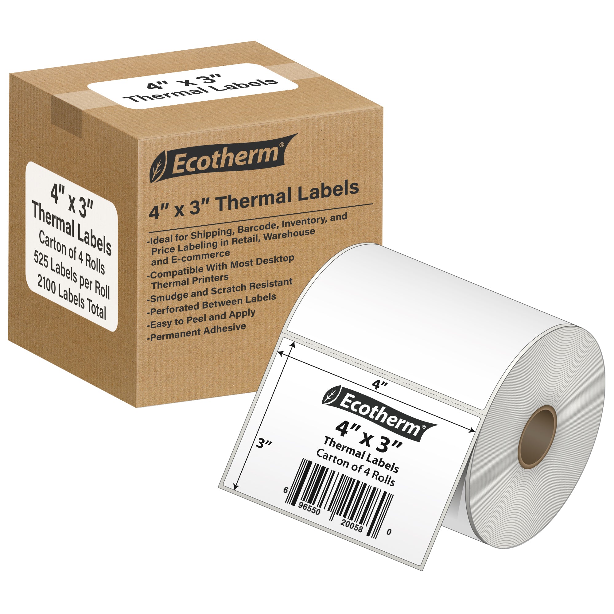 Ecotherm 4" x 3" direct thermal shipping labels — 4-roll case on 1" core, 75gsm matte white, perforated.