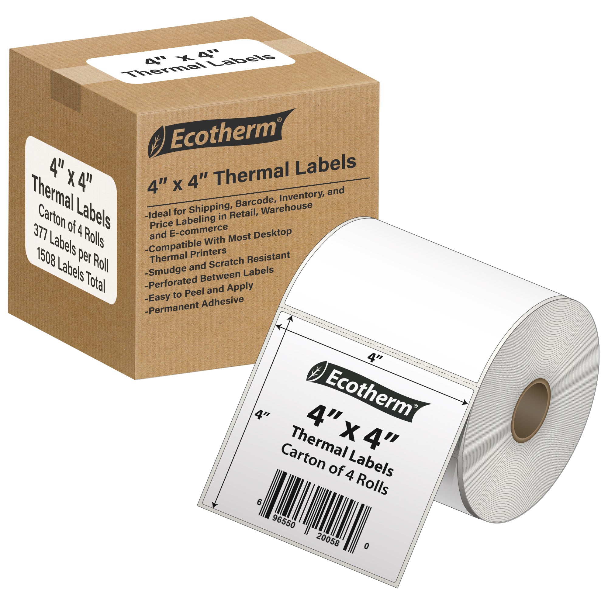 Ecotherm 4" x 4" direct thermal square shipping labels — 4-roll case on 1" core, 75gsm matte white, perforated.