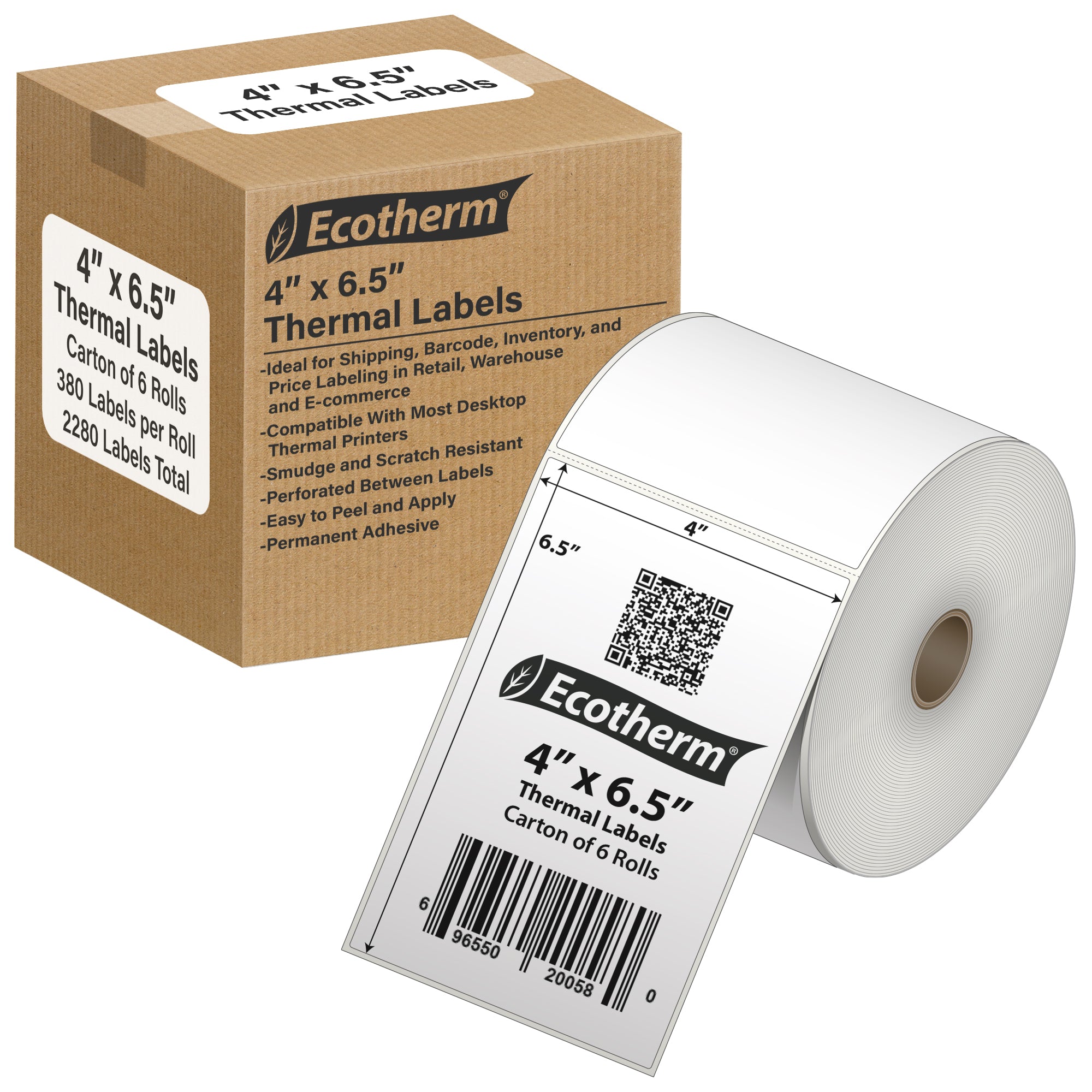 Ecotherm 4" x 6.5" direct thermal shipping labels — 6-roll case on 1" core, 75gsm matte white, perforated.