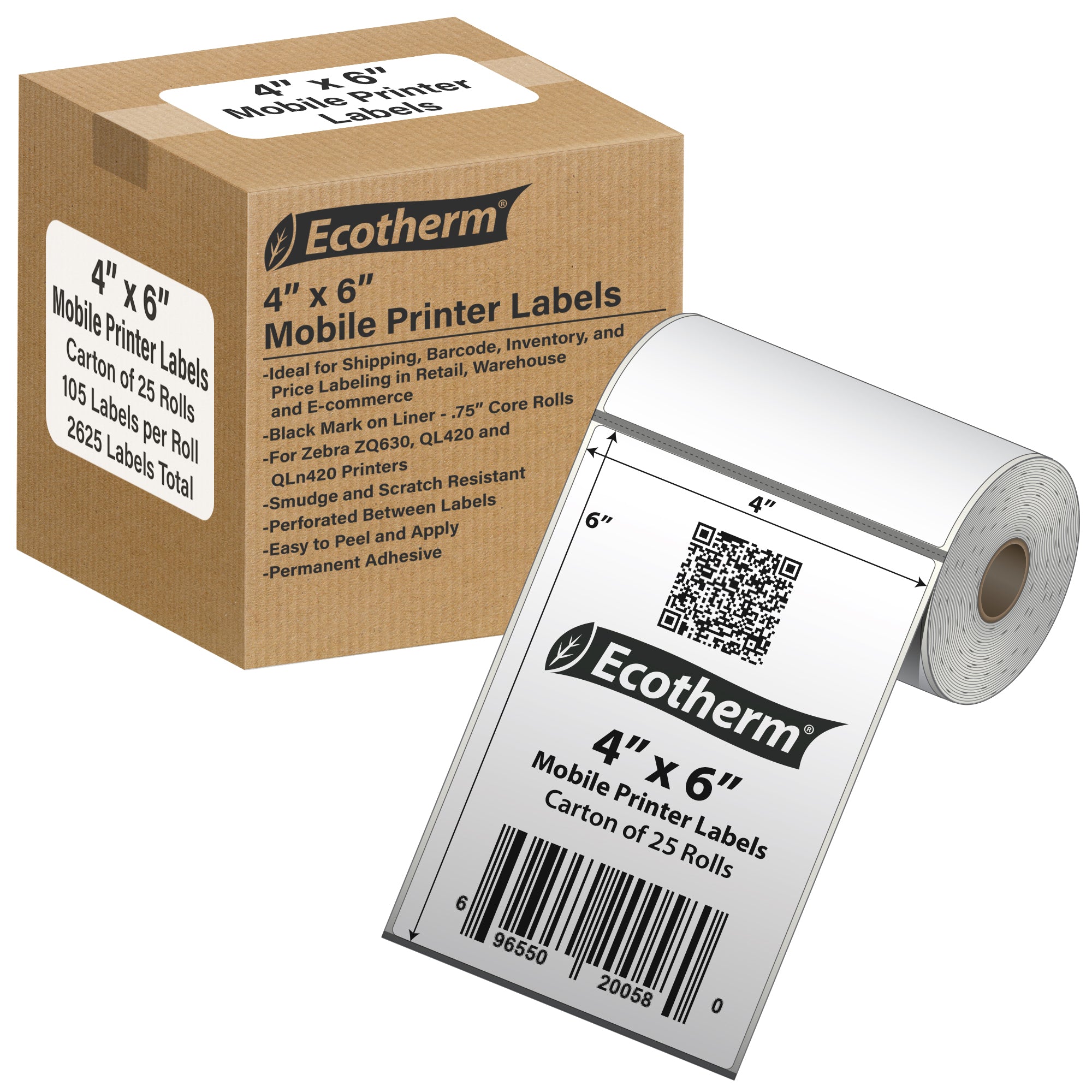 Ecotherm 4 x 6 direct thermal mobile printer labels, 0.75-inch core rolls for shipping labels, package labels, logistics labels, route delivery labels, carrier labels, warehouse labels, barcode tracking, and fulfillment labeling in compatible Zebra, TSC, Sato, GoDex, Brother, and mobile direct thermal printers