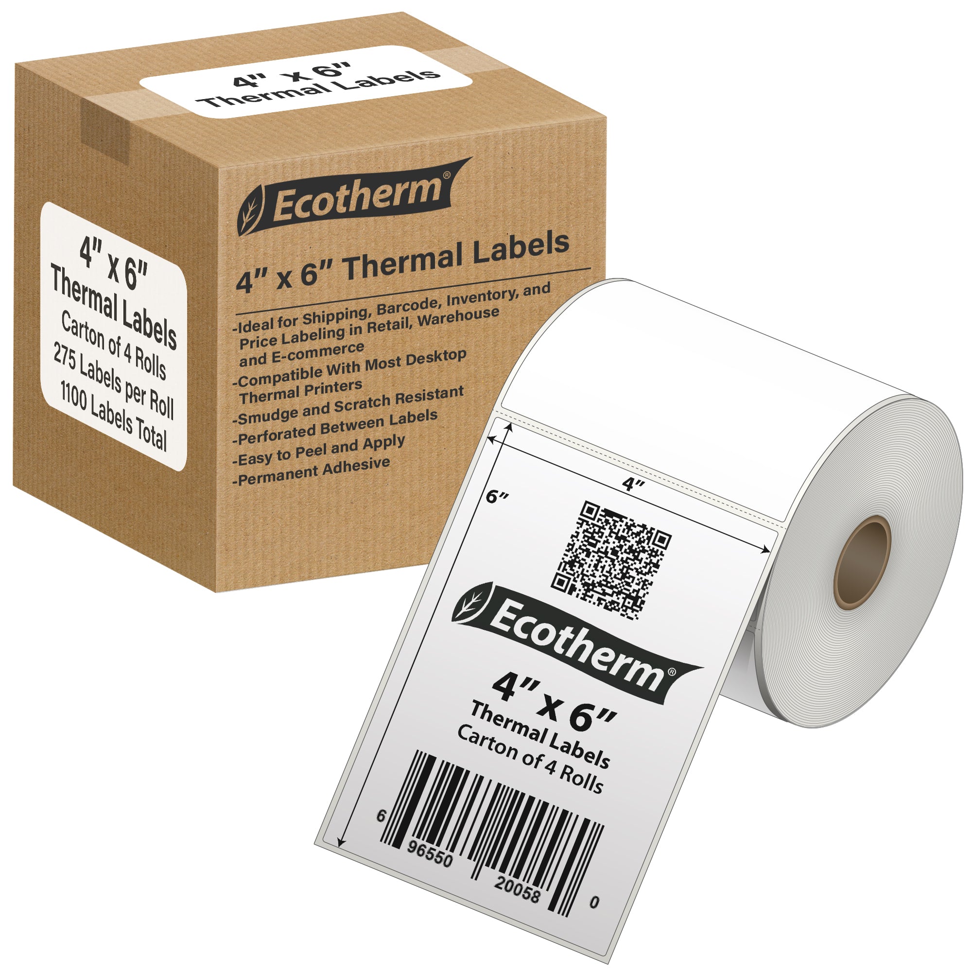 Ecotherm 4 x 6 inch direct thermal shipping labels in a 4 roll case on 1 inch cores — white perforated thermal paper with permanent hotmelt adhesive, compatible with Zebra ZD420, ZD500, GK420, Datamax, Sato, TSC, GoDex, and Rollo printers