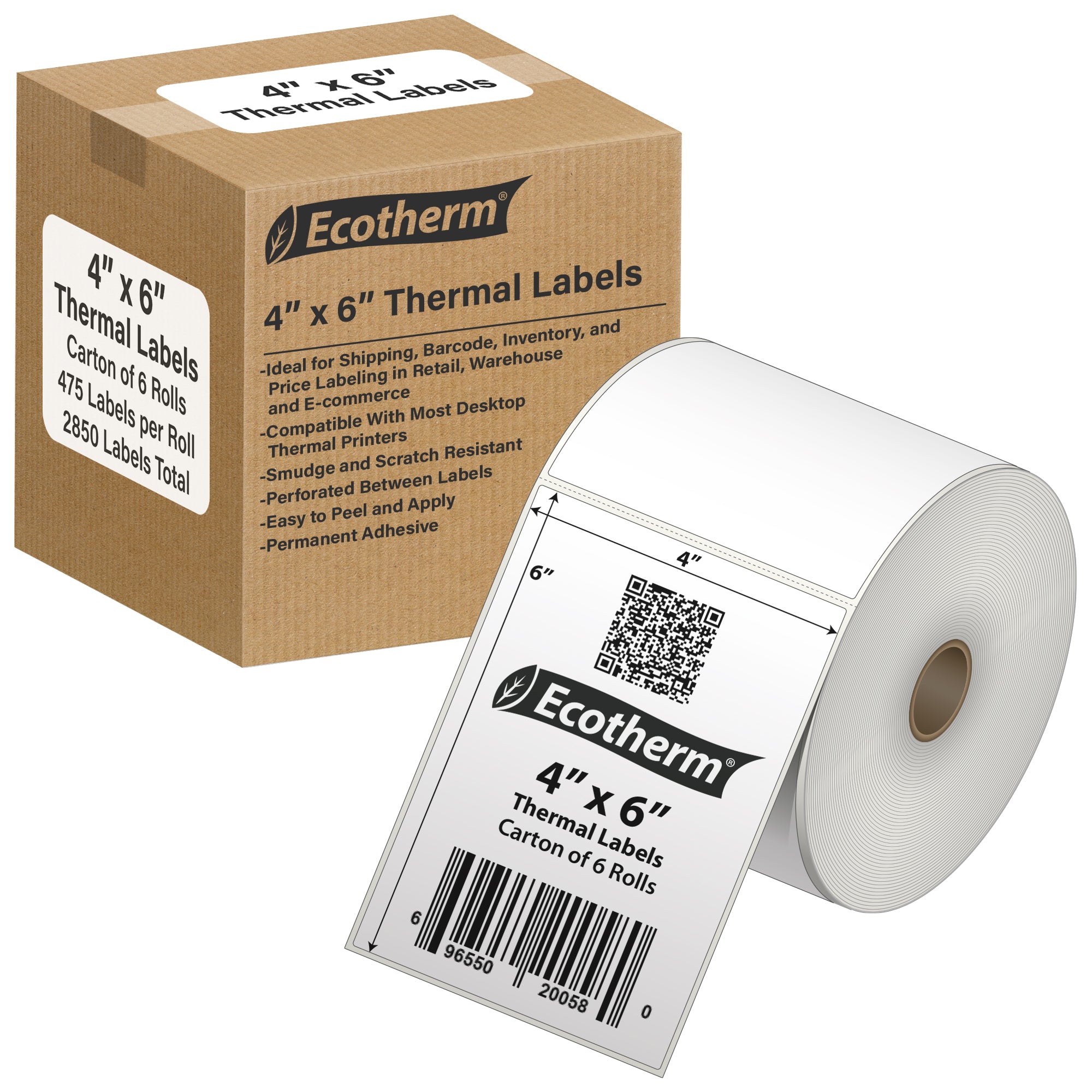 Ecotherm 4 x 6 inch direct thermal shipping labels in a 6 roll case on 1 inch cores — white perforated thermal paper with permanent hotmelt adhesive, compatible with Zebra ZD420, ZD500, GK420, Datamax, Sato, TSC, GoDex, and Rollo printers