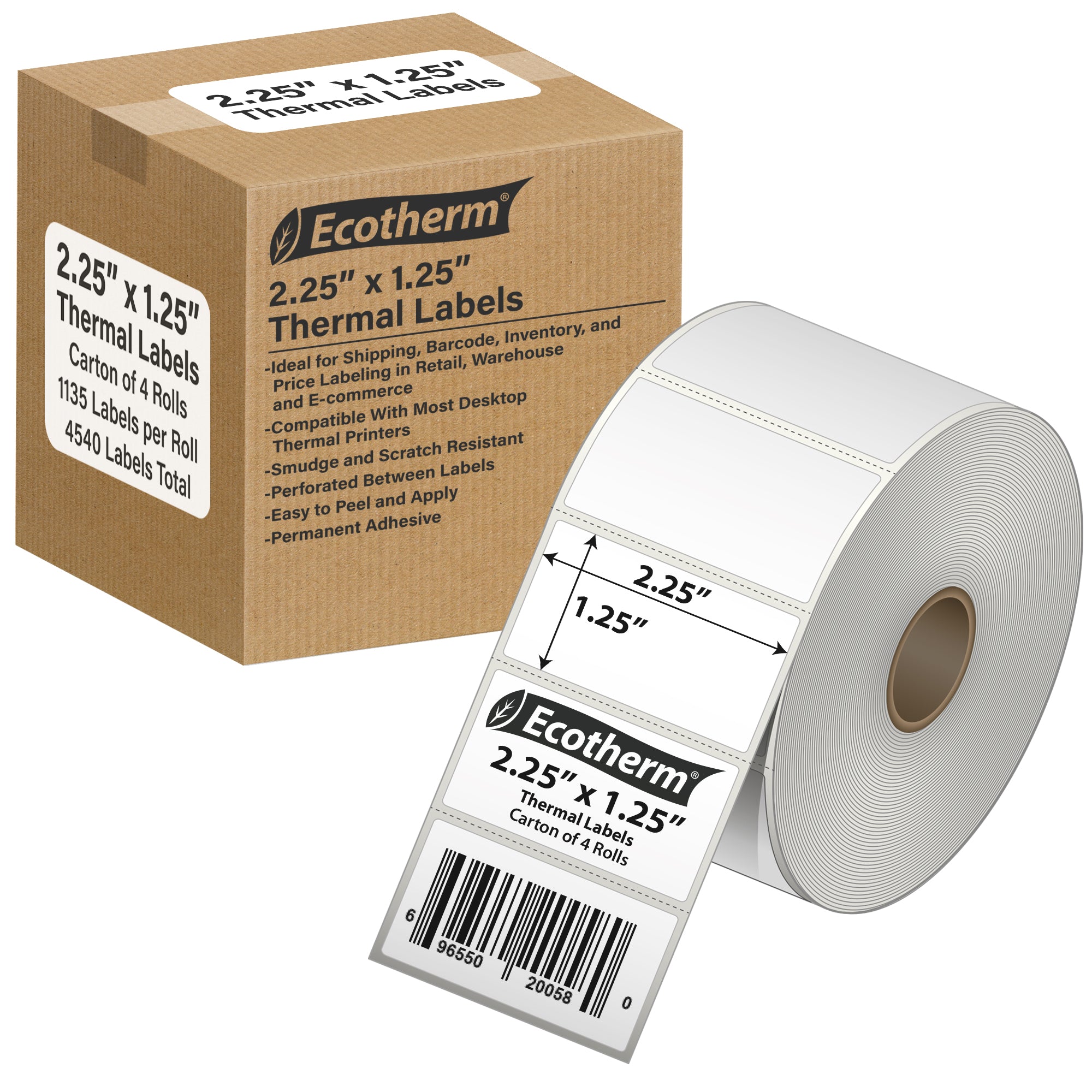 Ecotherm 2.25" x 1.25" Direct Thermal Labels - 1" Core Rolls