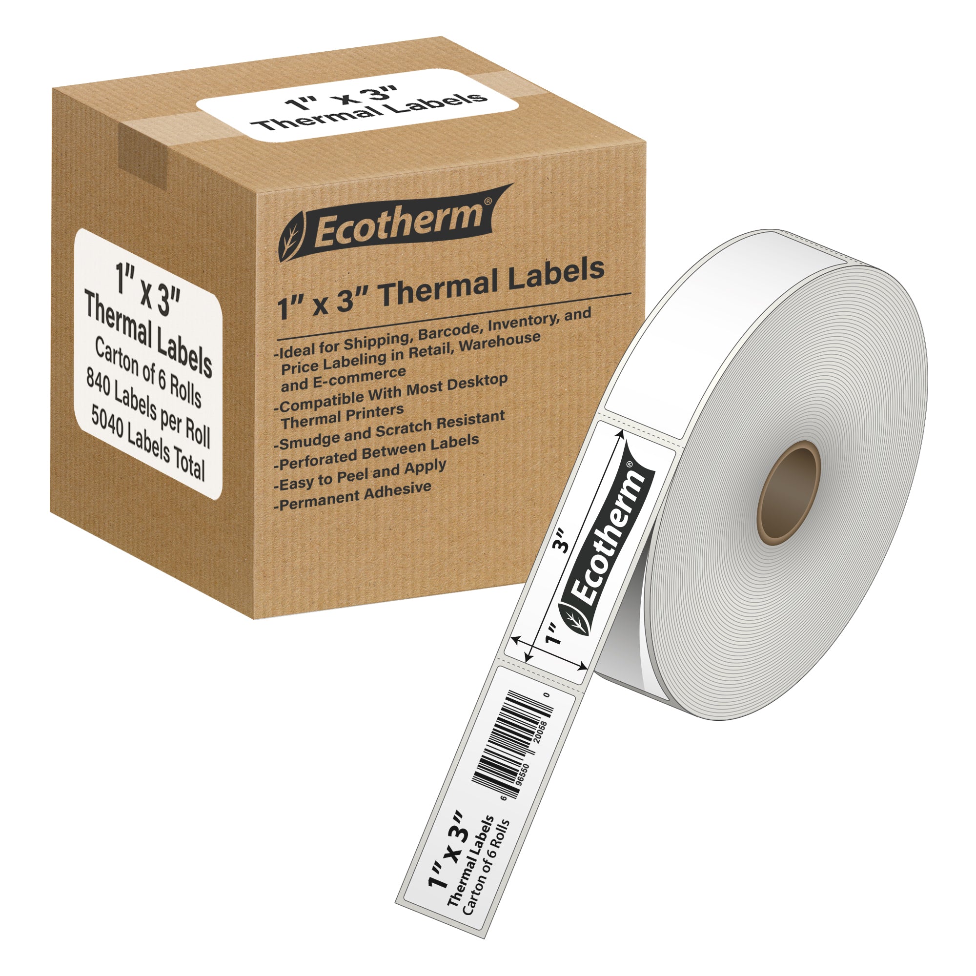 Ecotherm 1" x 3" direct thermal wraparound labels — 6-roll case on 1" core (5" outer diameter), 75gsm matte white paper, perforated.