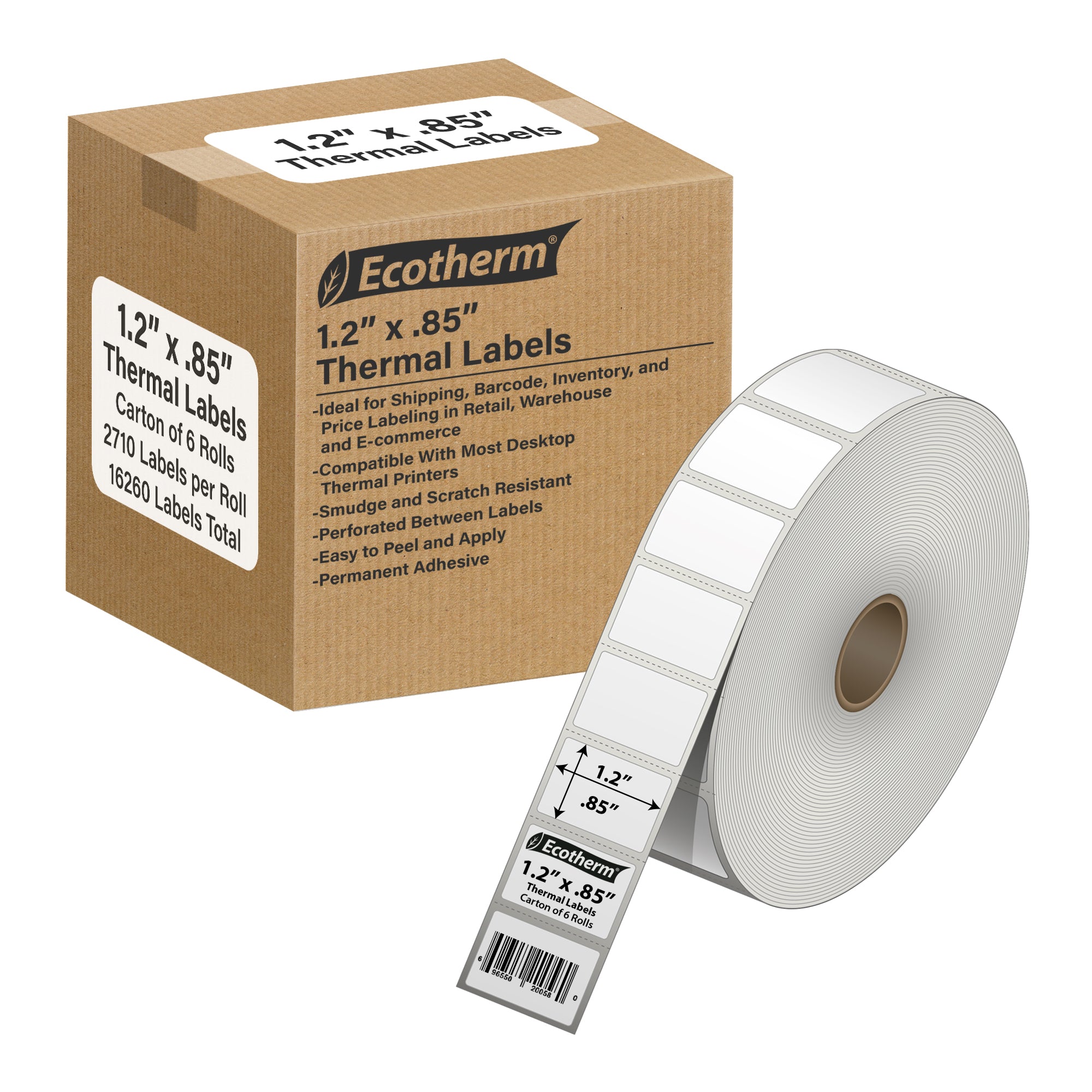 Ecotherm 1.2 x 0.85 inch direct thermal labels in a 6 roll case on 1 inch cores — small-format white perforated thermal paper with permanent hotmelt adhesive, ideal for jewelry, beauty products, and small product labeling, compatible with Zebra ZD420, ZD500, Datamax, Sato, TSC, GoDex, and Rollo printers