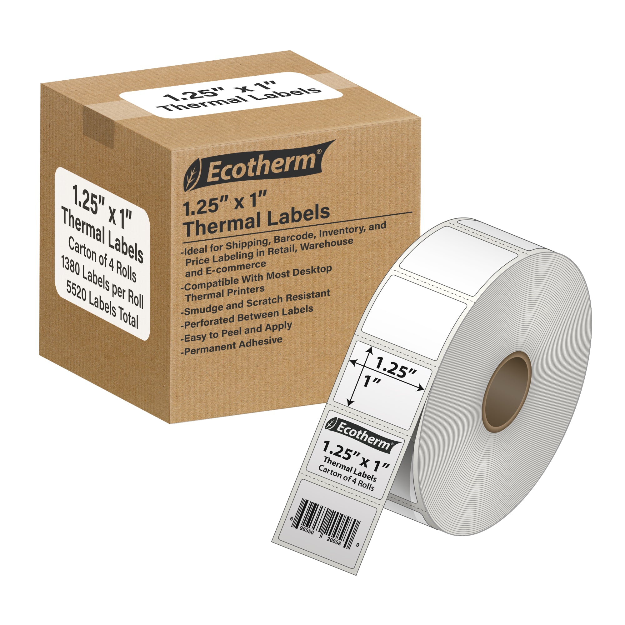 Ecotherm 1.25" x 1" direct thermal barcode labels — 4-roll case on 1" core (4" outer diameter), 75gsm matte white paper, perforated.