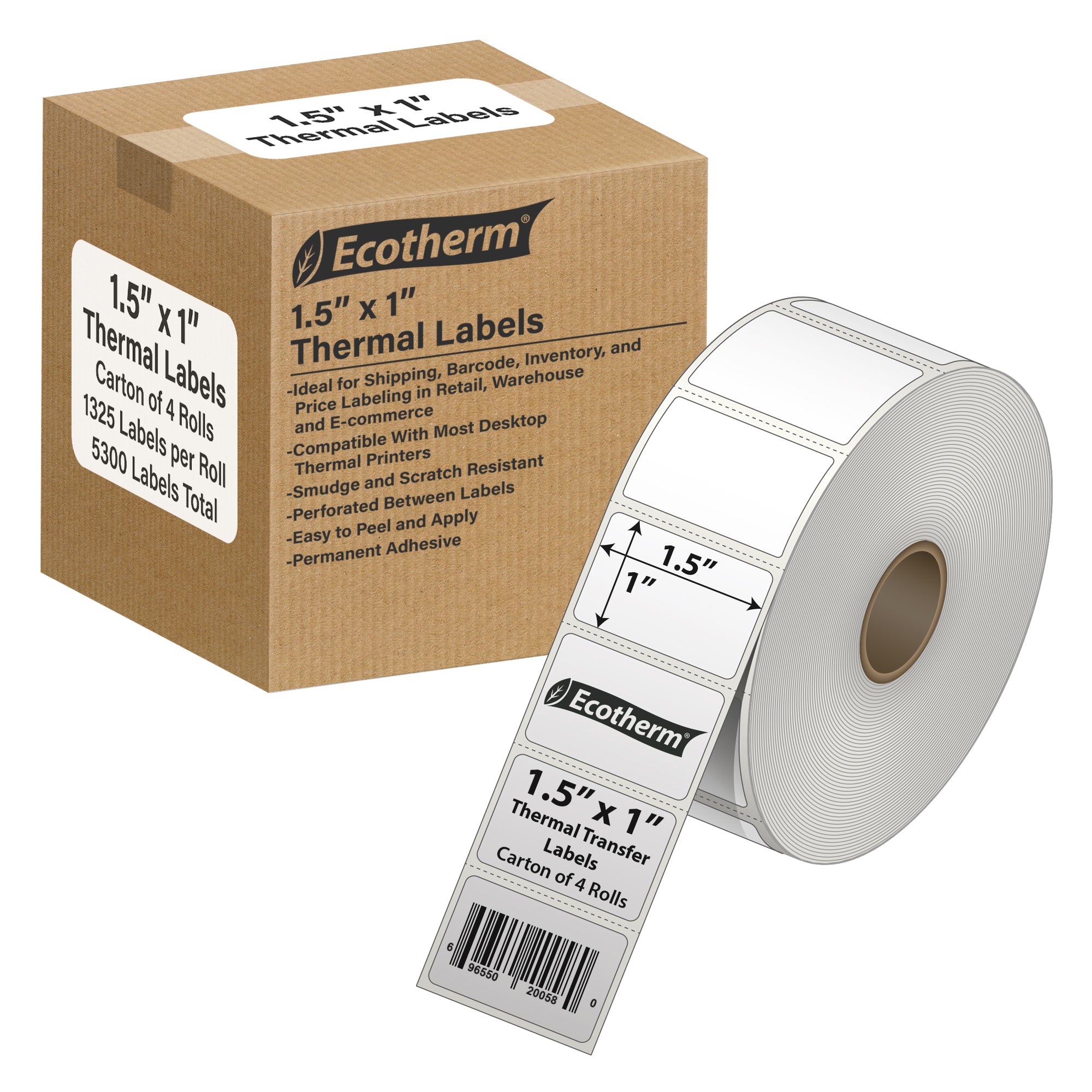 Ecotherm 1.5 x 1 inch direct thermal labels in a 4 roll case on 1 inch cores — small-format white perforated thermal paper with permanent hotmelt adhesive, ideal for Amazon FBA, barcode, and retail price tags, compatible with Zebra ZD420, ZD500, Datamax, Sato, TSC, GoDex, and Rollo printers