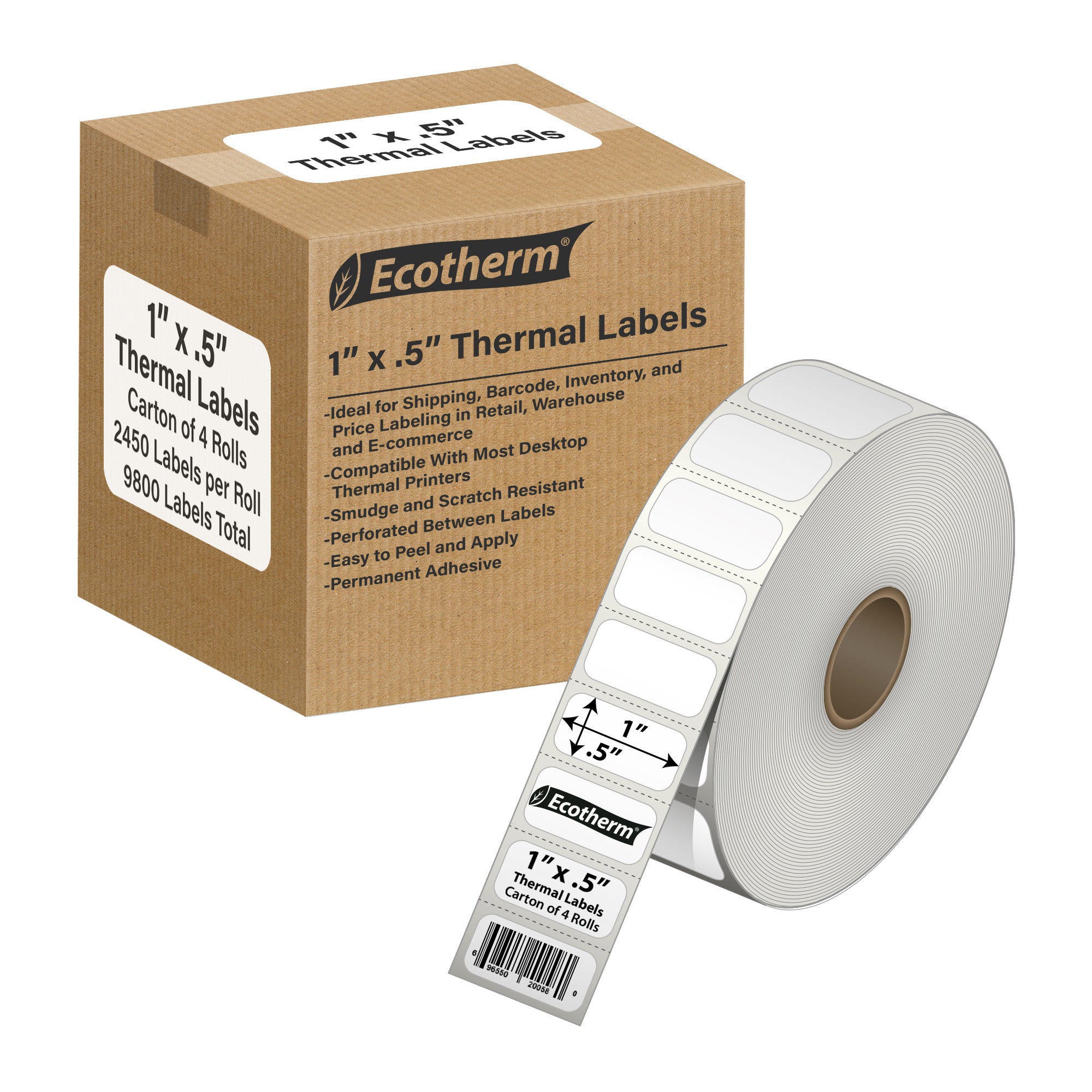 Ecotherm 1" x 0.5" direct thermal barcode and small-product labels — 4-roll case on 1" core, 75gsm matte white, perforated.