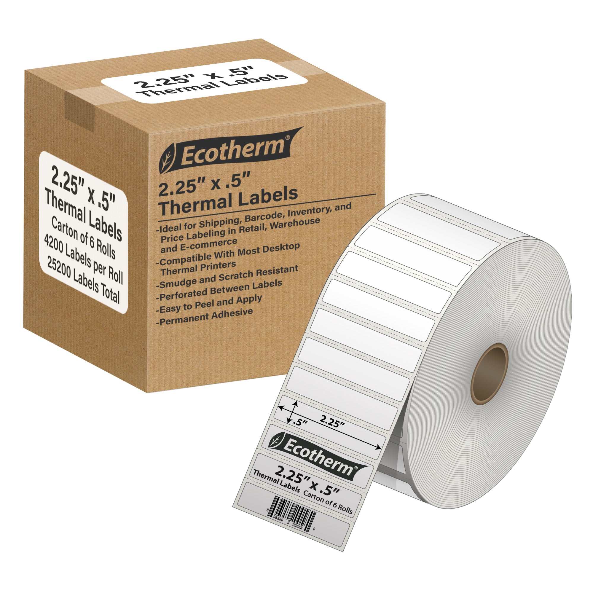 Ecotherm 2.25" x 0.5" direct thermal barcode strip labels — 6-roll case on 1" core, 75gsm matte white, perforated.