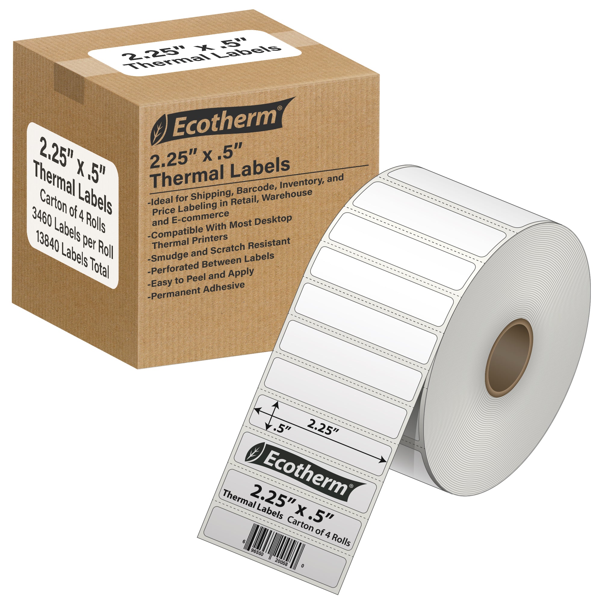 Ecotherm 2.25" x 0.5" direct thermal barcode strip labels — 4-roll case on 1" core (4" outer diameter), 75gsm matte white paper, perforated.