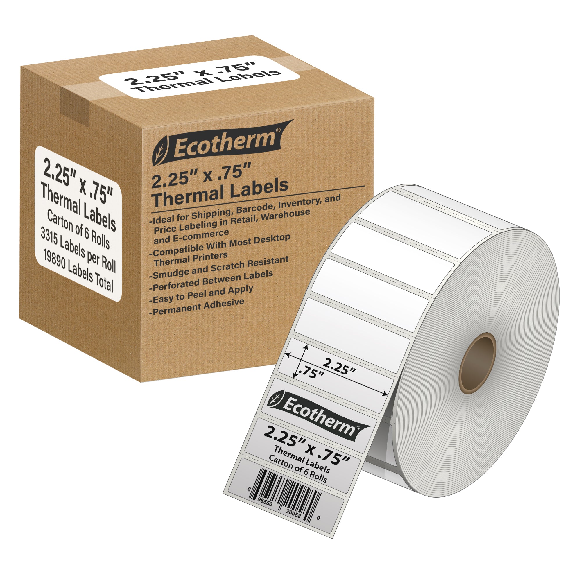 Ecotherm 2.25" x 0.75" direct thermal barcode labels — 6-roll case on 1" core, 75gsm matte white, perforated.