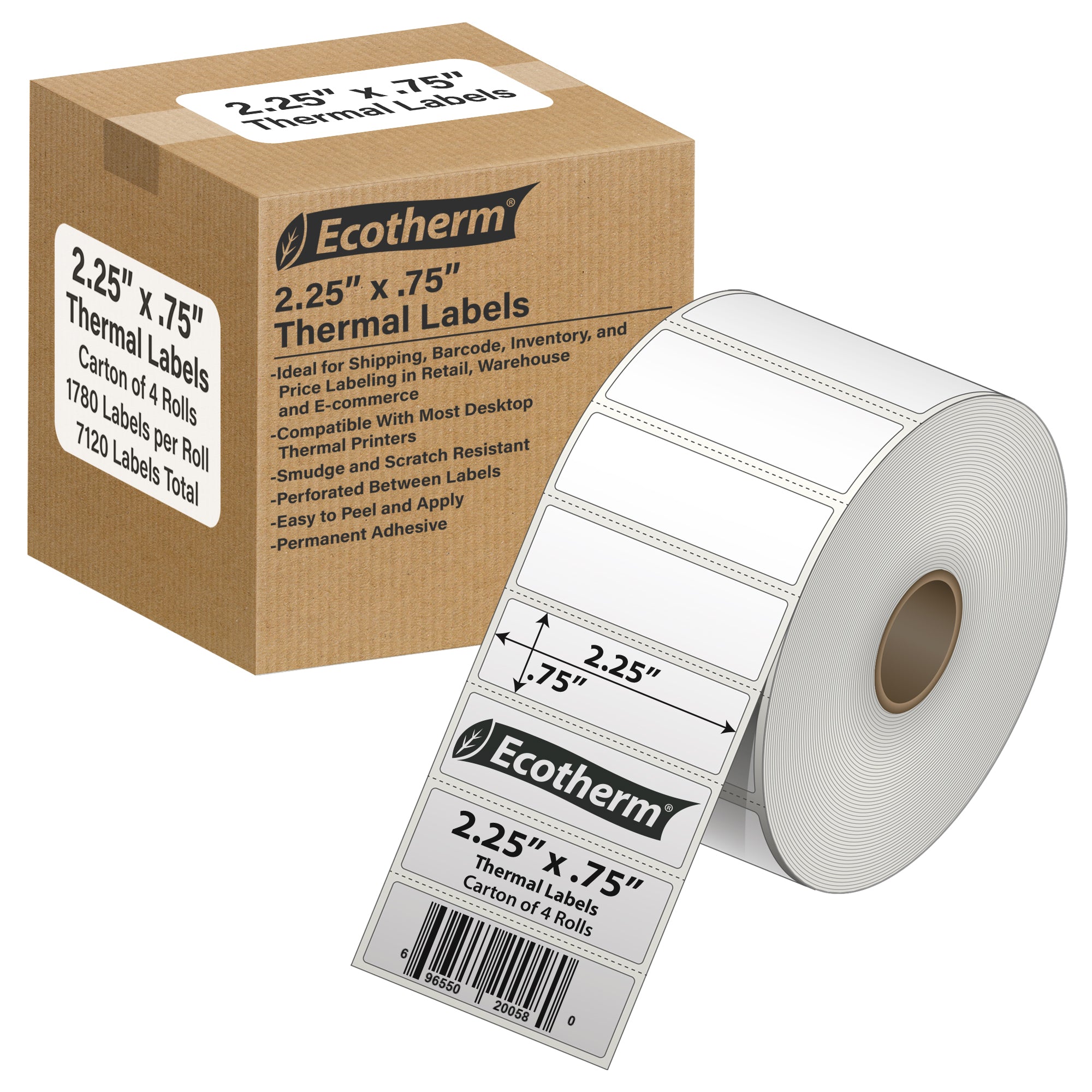 Ecotherm 2.25 x 0.75 inch direct thermal shelf edge labels in a 4 roll case on 1 inch cores — narrow white perforated thermal paper with permanent hotmelt adhesive, ideal for retail shelf rails, price tags, and warehouse pick slots, compatible with Zebra ZD420, ZD500, Datamax, Sato, TSC, GoDex, and Rollo printers