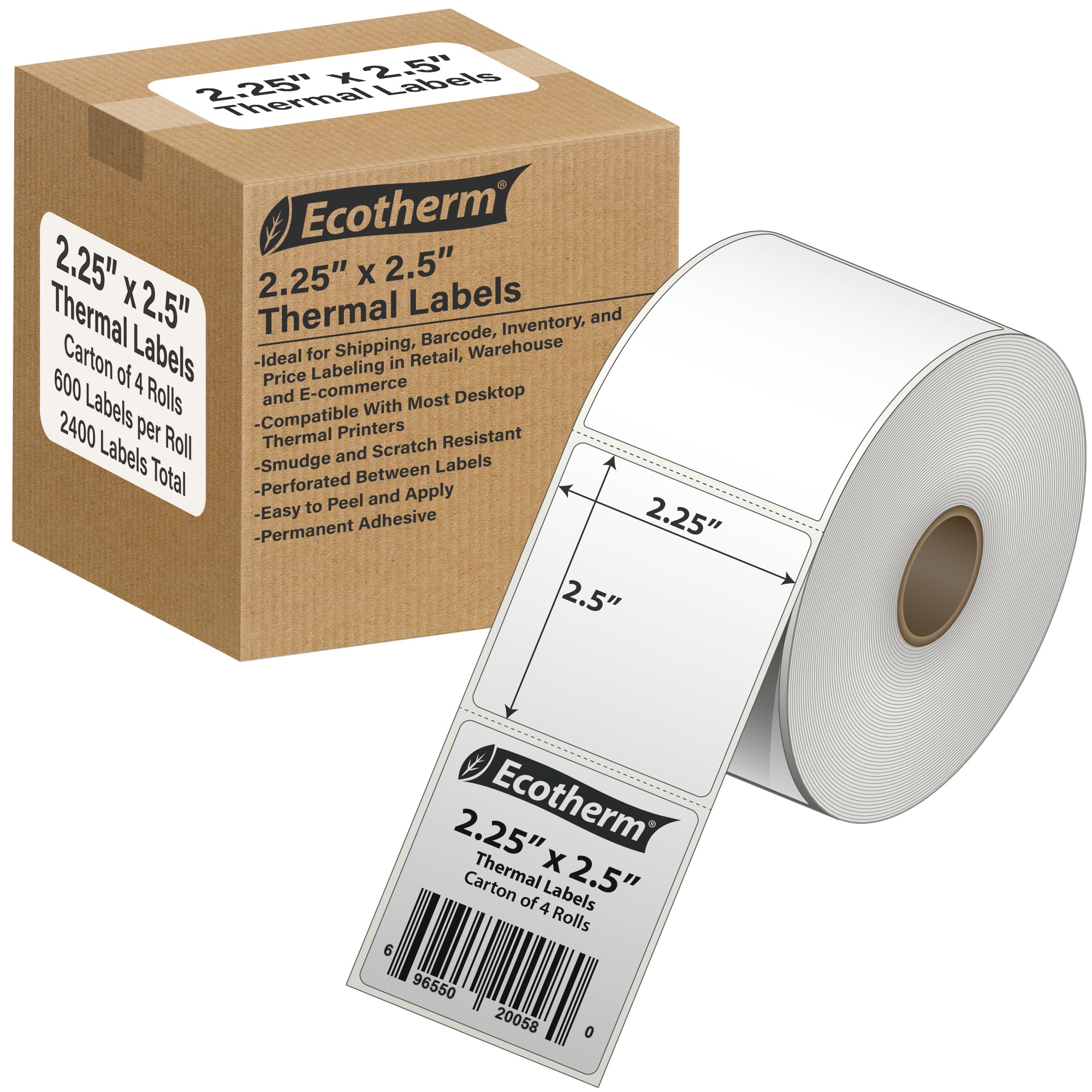 Ecotherm 2.25" x 2.5" direct thermal product labels — 4-roll case on 1" core, 75gsm matte white, perforated.