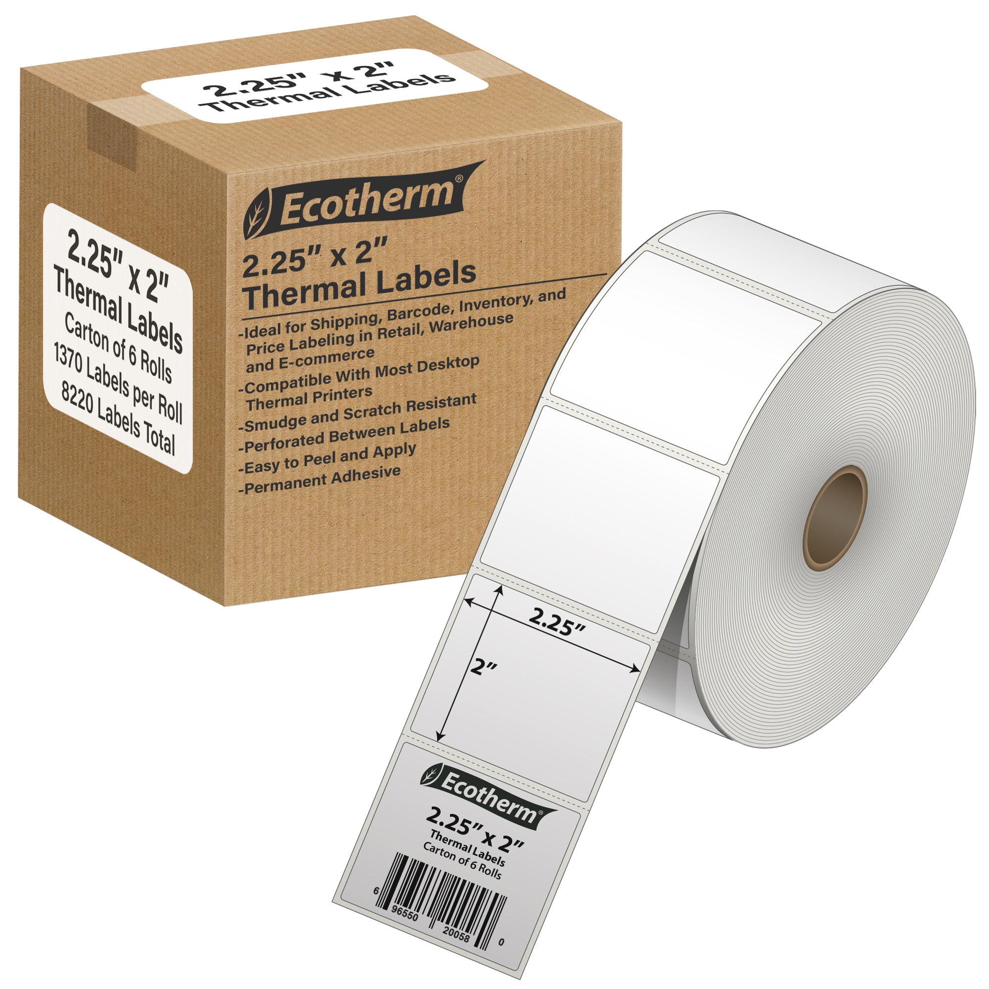 Ecotherm 2.25" x 2" direct thermal product labels — 6-roll case on 1" core, 75gsm matte white, perforated.