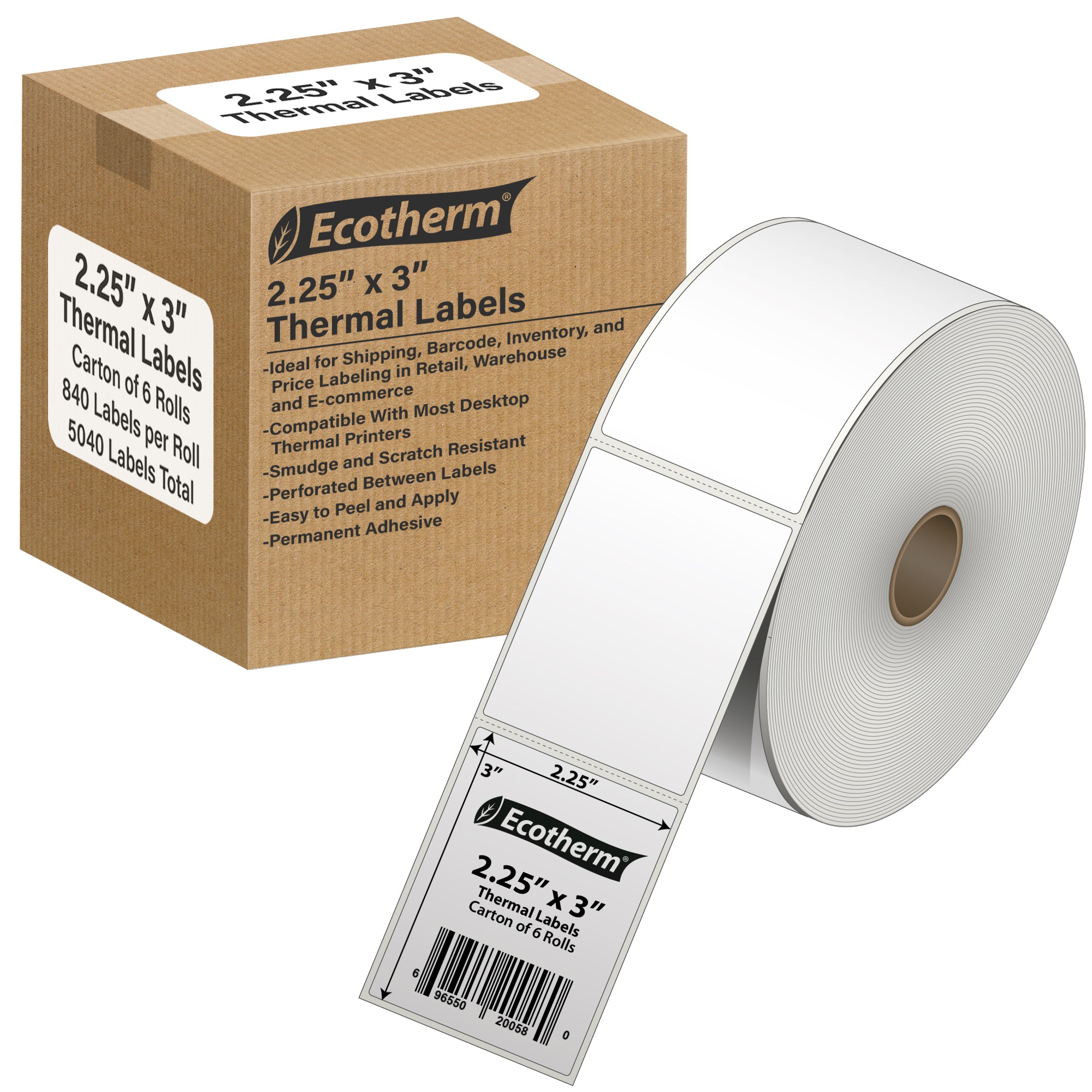 Ecotherm 2.25" x 3" direct thermal package labels — 6-roll case on 1" core (5" outer diameter), 75gsm matte white paper, perforated.