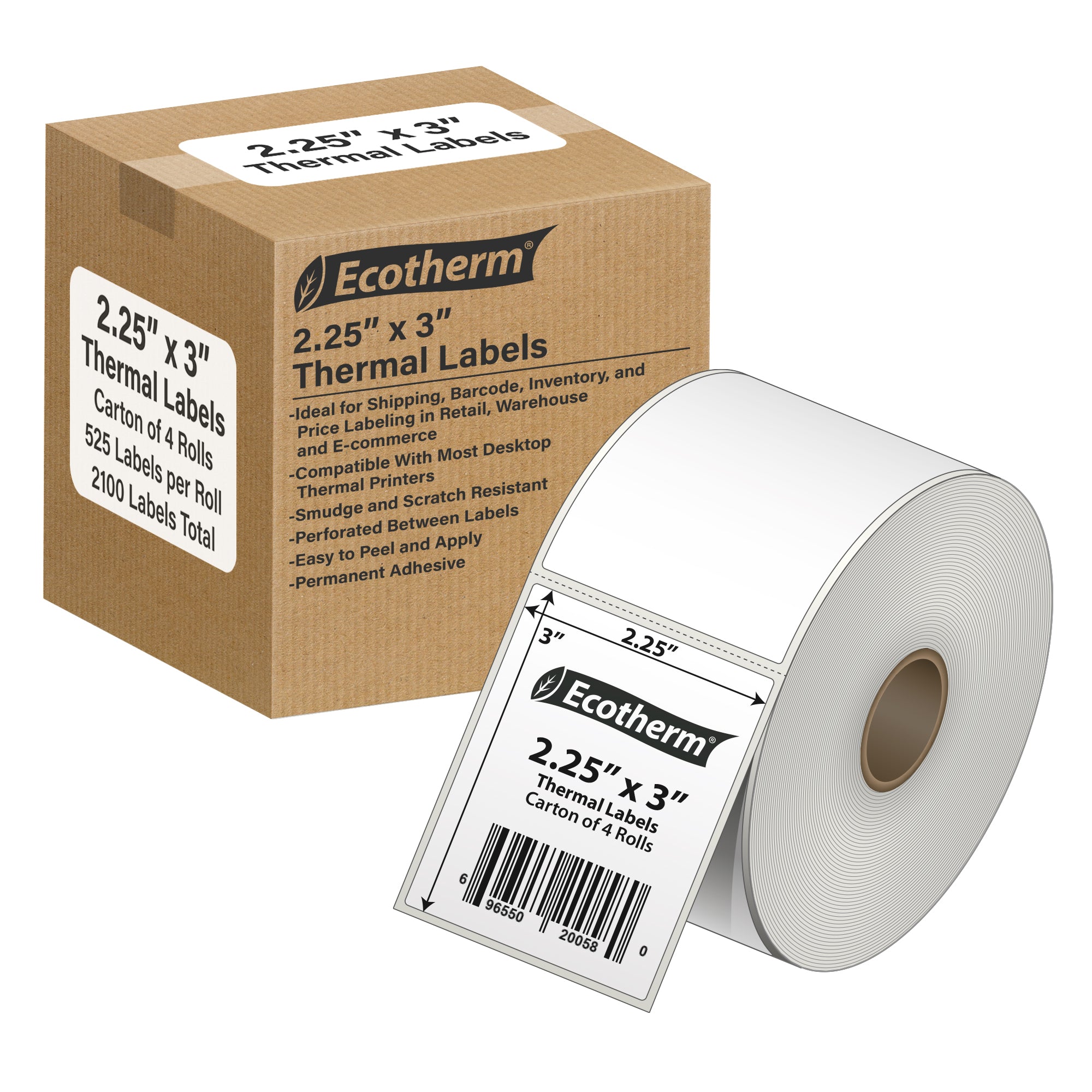 Ecotherm 2.25" x 3" direct thermal package labels — 4-roll case on 1" core, 75gsm matte white, perforated.