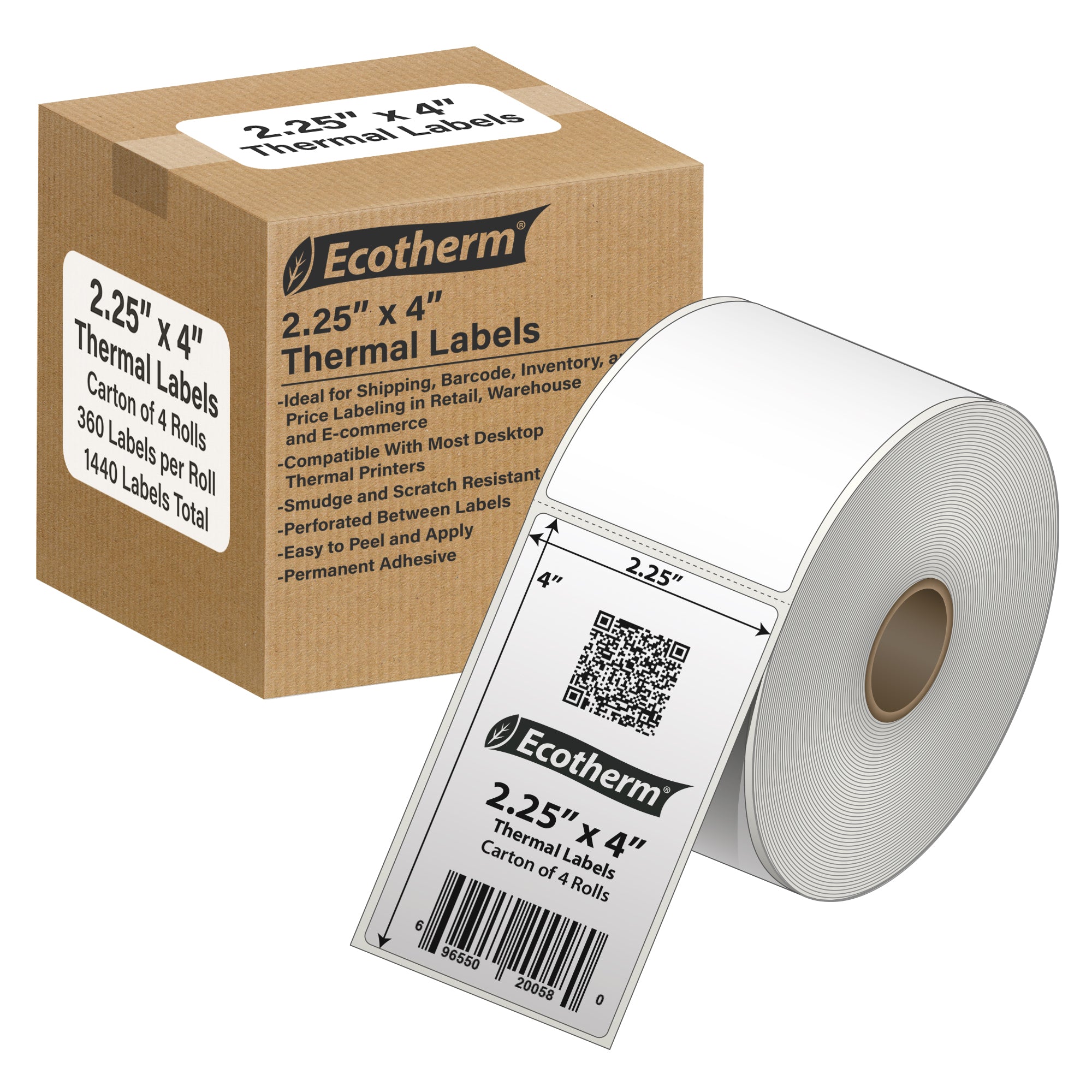 Ecotherm 2.25" x 4" direct thermal package labels — 4-roll case on 1" core, 75gsm matte white, perforated.