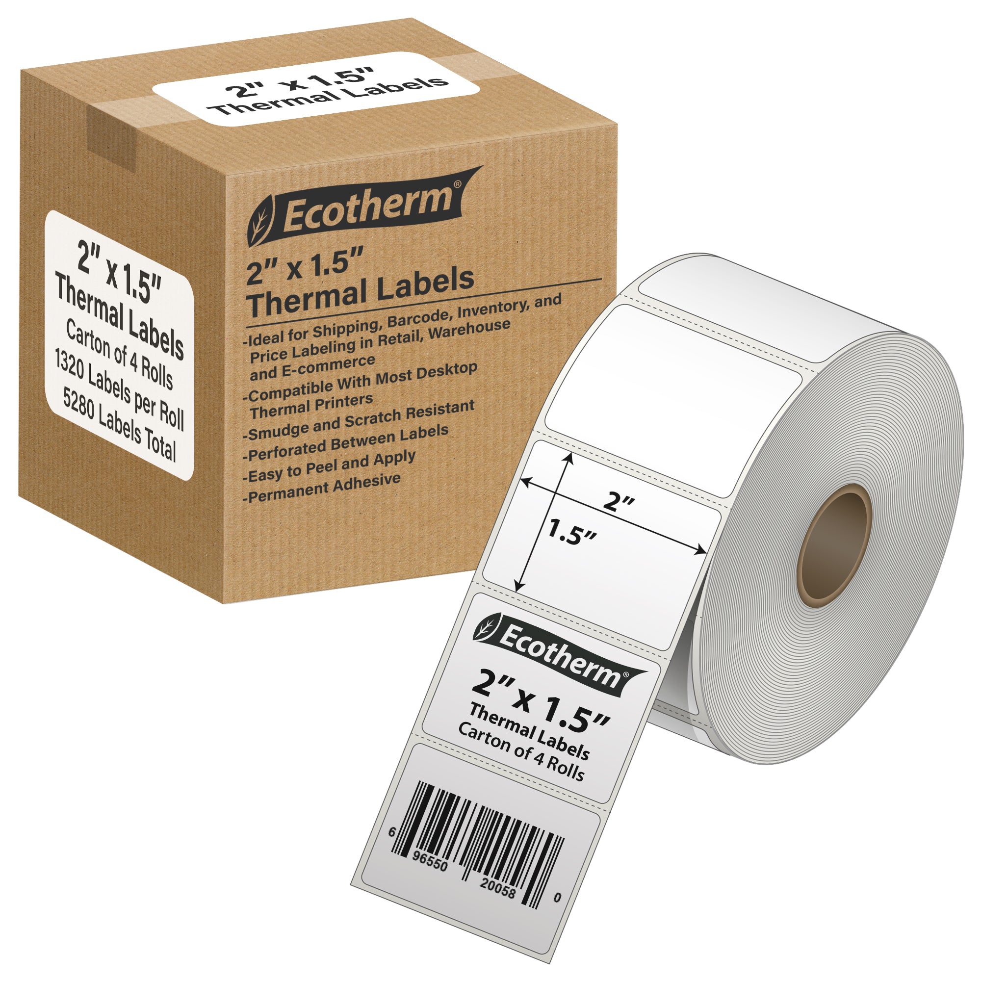 Ecotherm 2" x 1.5" direct thermal product labels — 4-roll case on 1" core (4" outer diameter), 75gsm matte white paper, perforated.