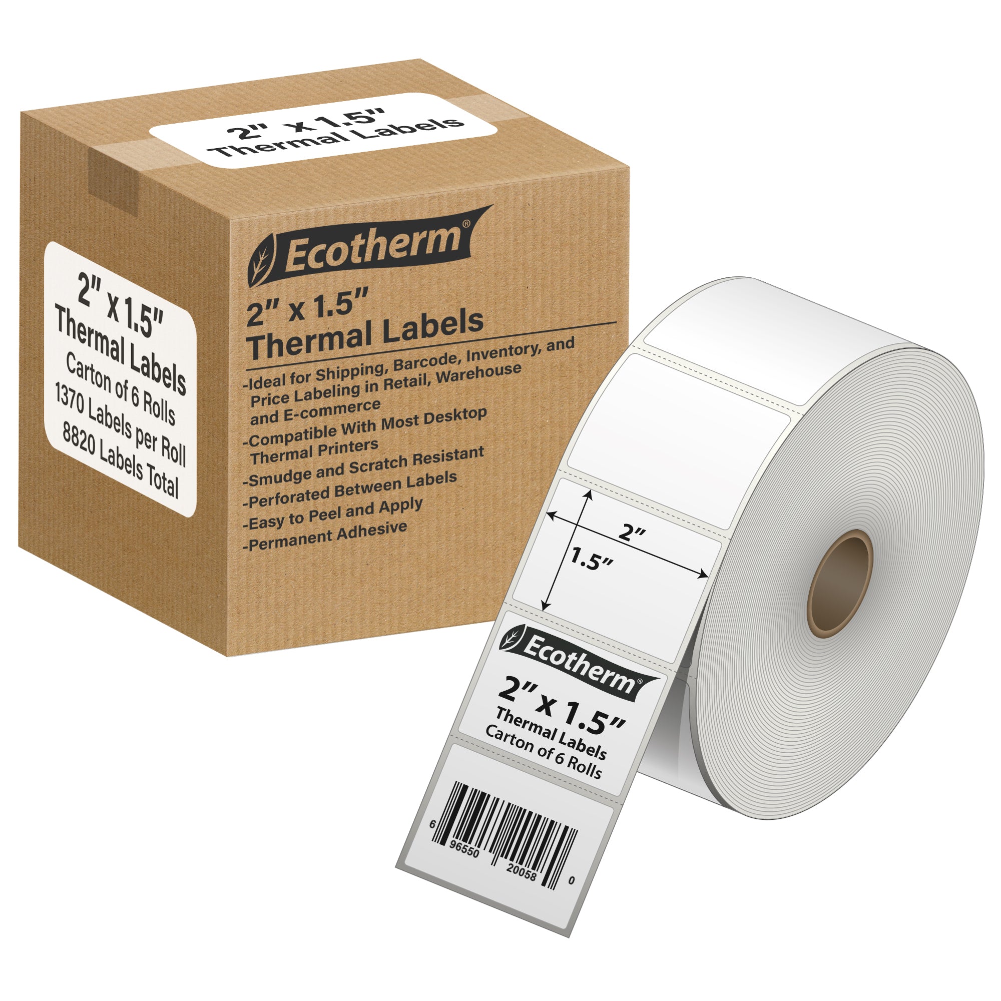Ecotherm 2" x 1.5" direct thermal product labels — 6-roll case on 1" core (5" outer diameter), 75gsm matte white paper, perforated.