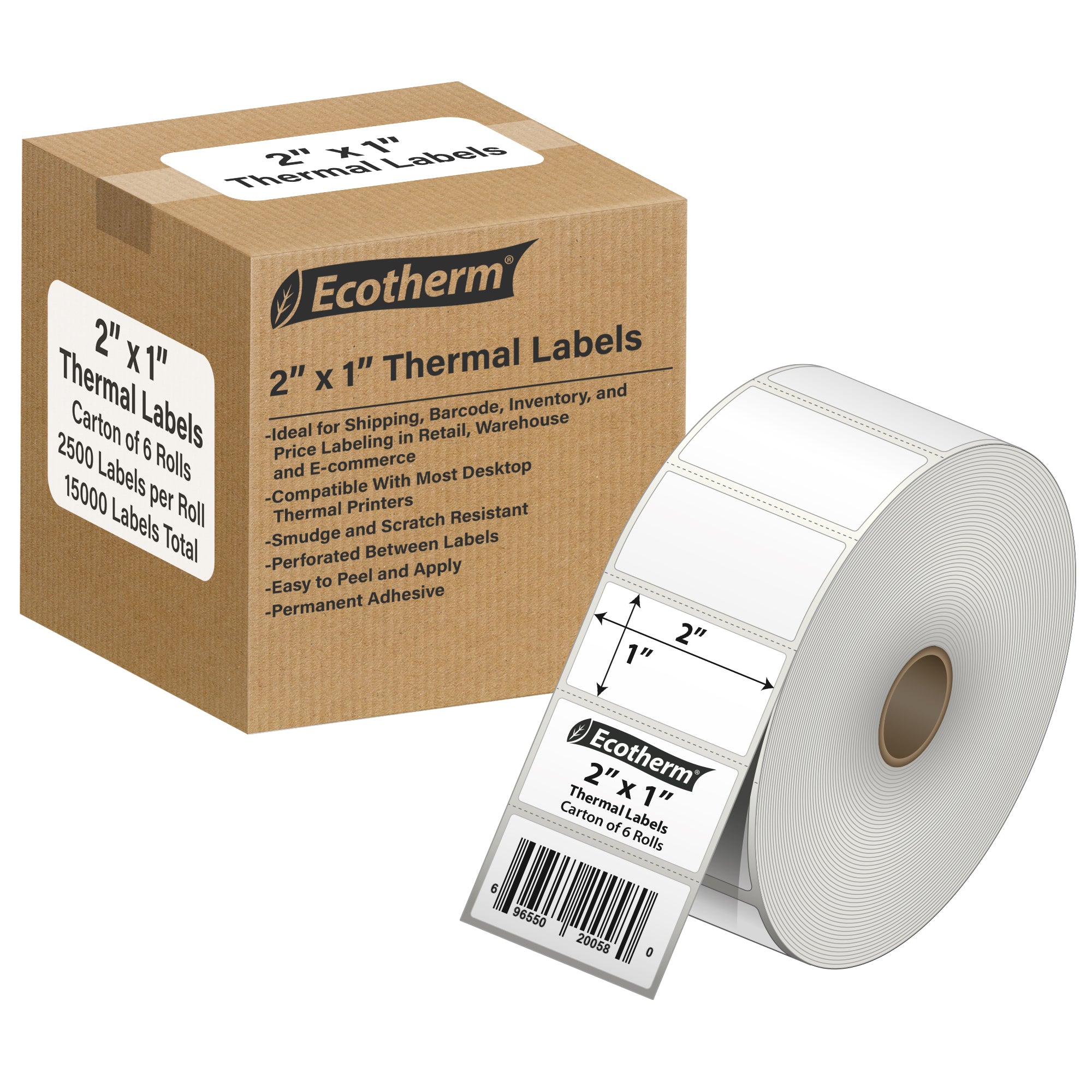 Ecotherm 2" x 1" direct thermal barcode labels — 6-roll case on 1" core, 75gsm matte white, perforated.