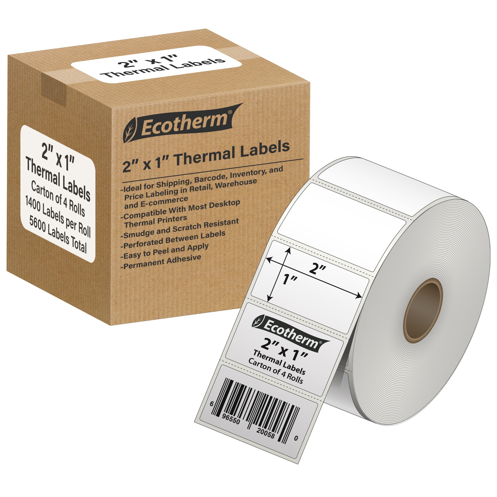 Ecotherm 2 x 1 inch direct thermal labels in a 4 roll case on 1 inch cores — white perforated thermal paper with permanent hotmelt adhesive, ideal for Amazon FBA, barcode, and retail price tags, compatible with Zebra ZD420, ZD500, Datamax, Sato, TSC, GoDex, and Rollo printers