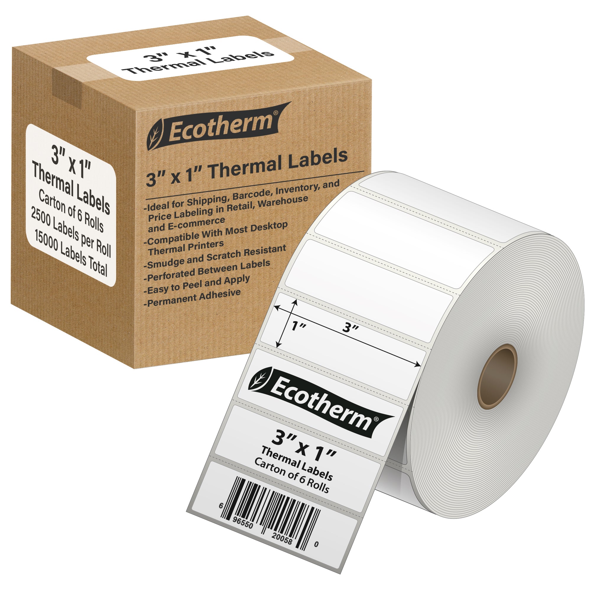 Ecotherm 3" x 1" direct thermal asset and name labels — 6-roll case on 1" core (5" outer diameter), 75gsm matte white paper, perforated.