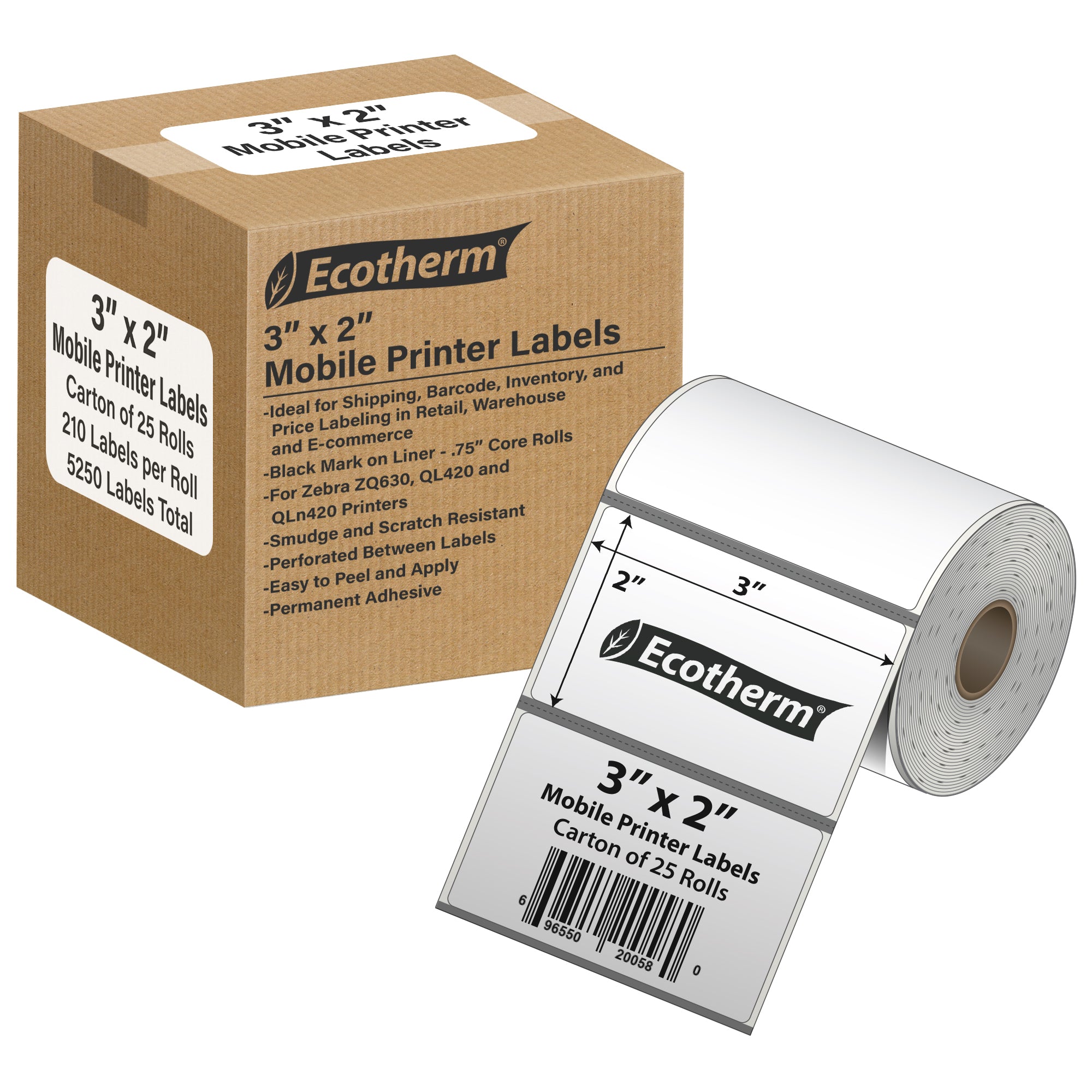 Ecotherm 3" x 2" direct thermal mobile printer labels — single roll on 0.75" core, 75gsm matte white, perforated.