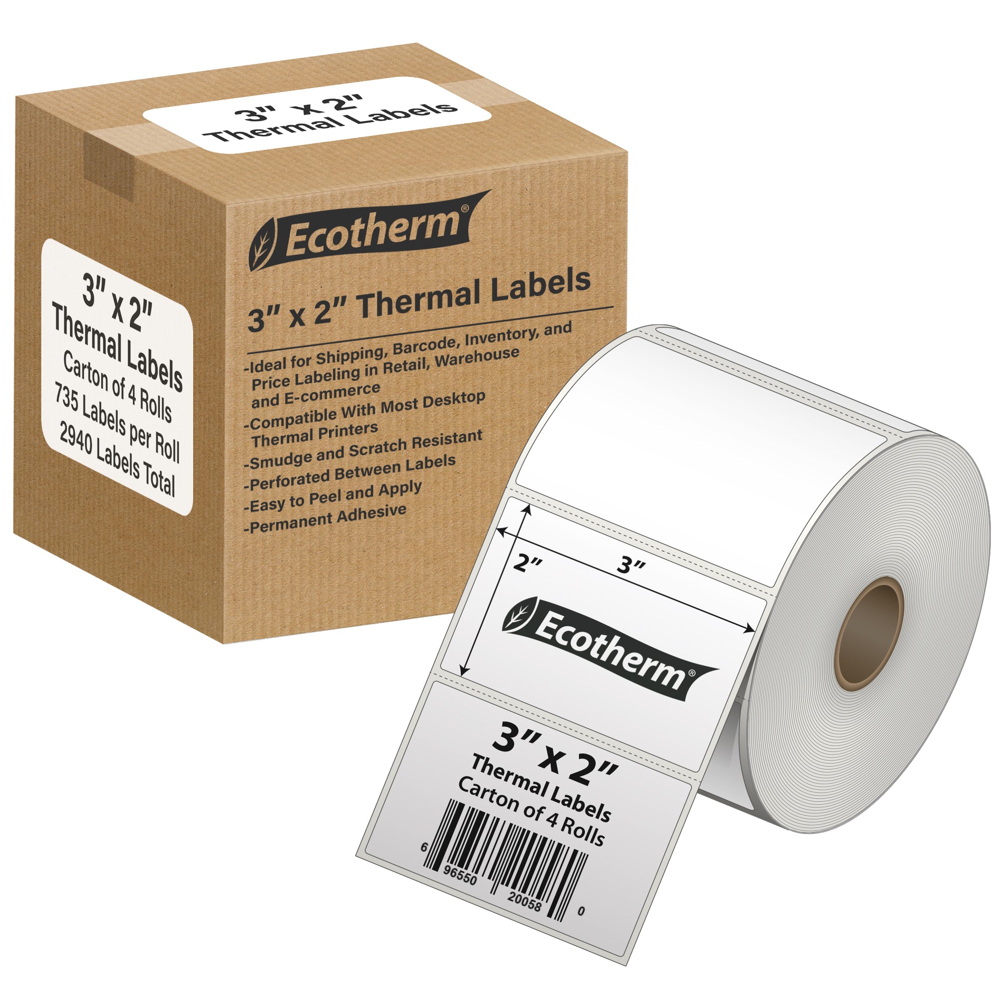 Ecotherm 3" x 2" direct thermal product labels — 4-roll case on 1" core, 75gsm matte white, perforated.
