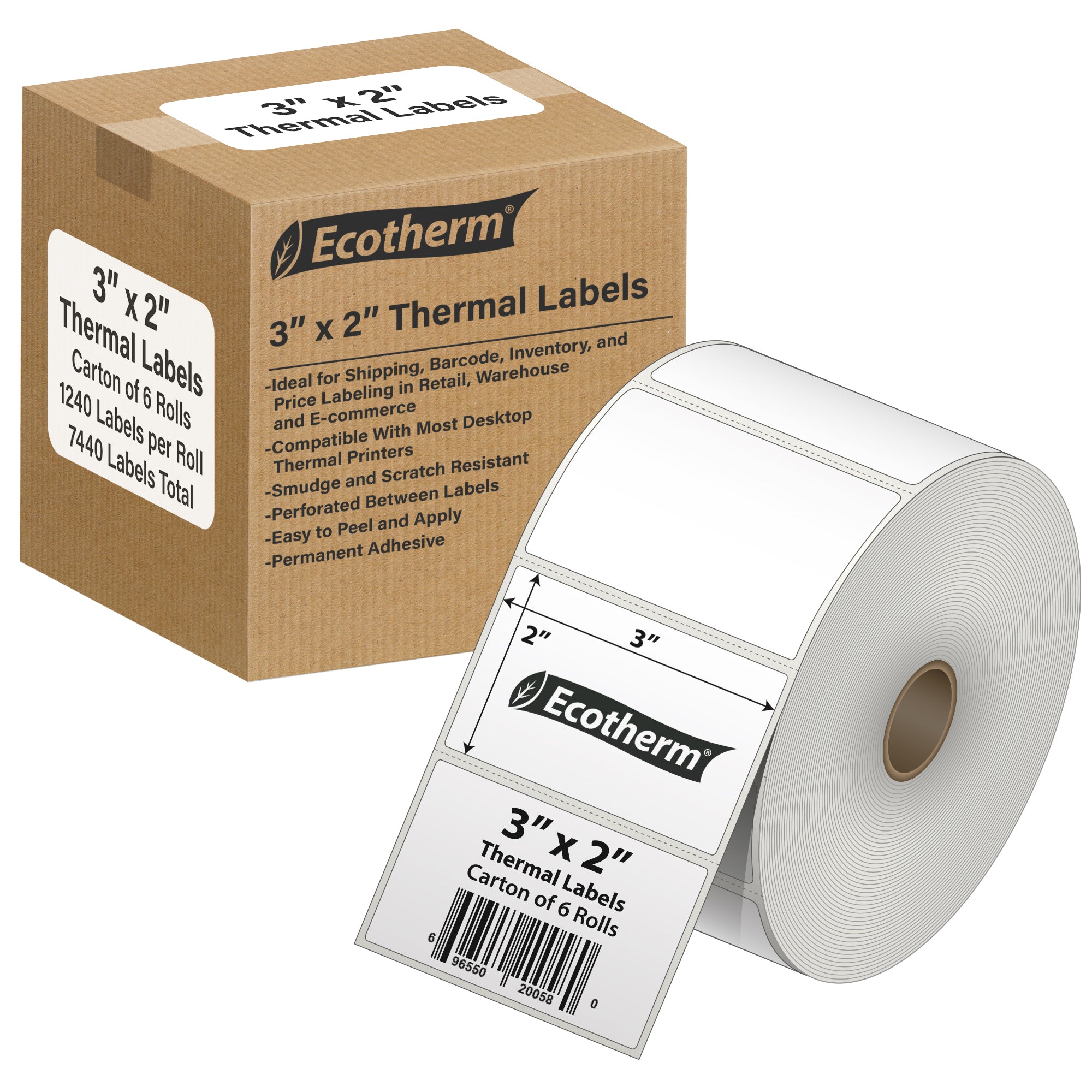 Ecotherm 3" x 2" direct thermal product labels — 6-roll case on 1" core, 75gsm matte white, perforated.