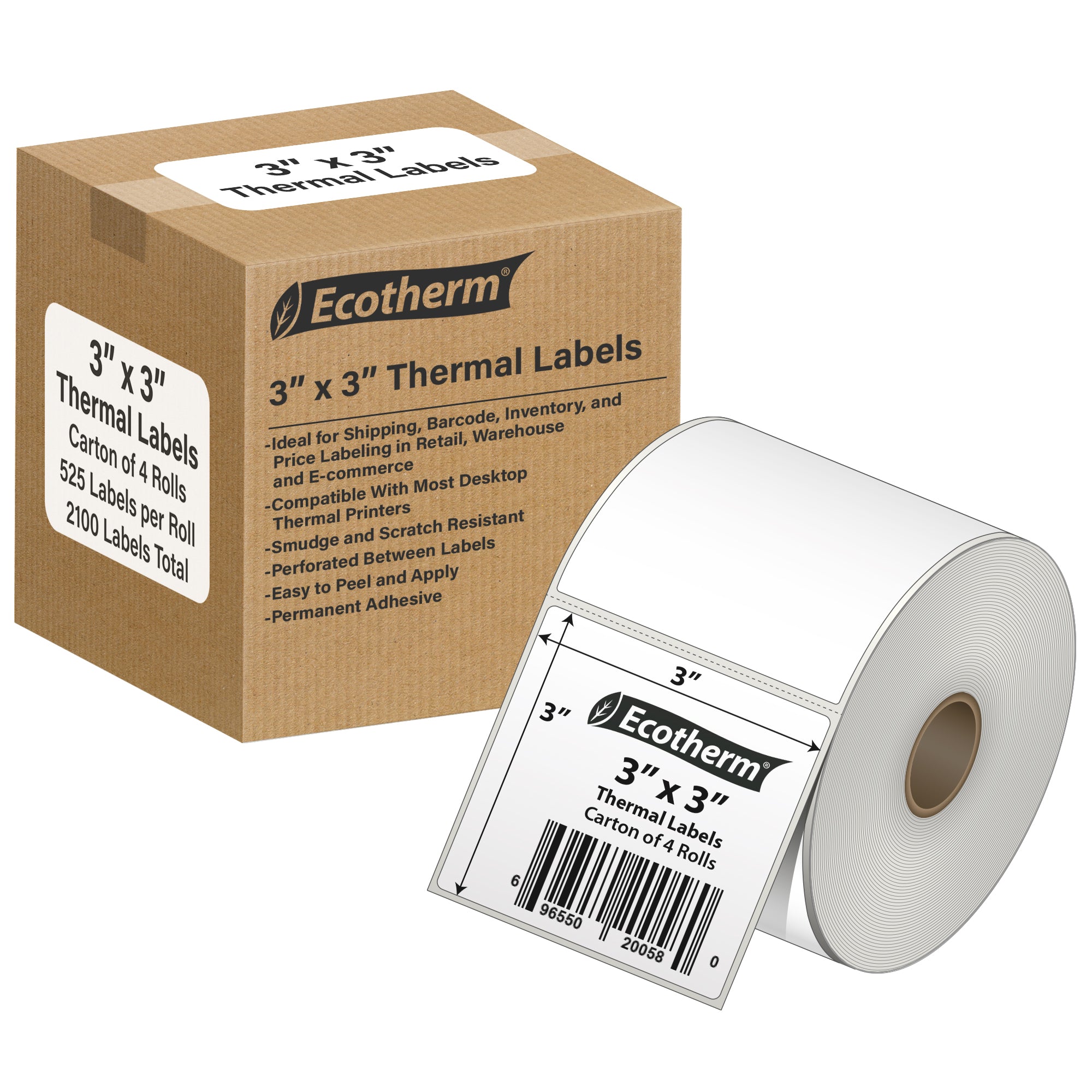 Ecotherm 3" x 3" direct thermal square product labels — 4-roll case on 1" core (4" outer diameter), 75gsm matte white paper, perforated.