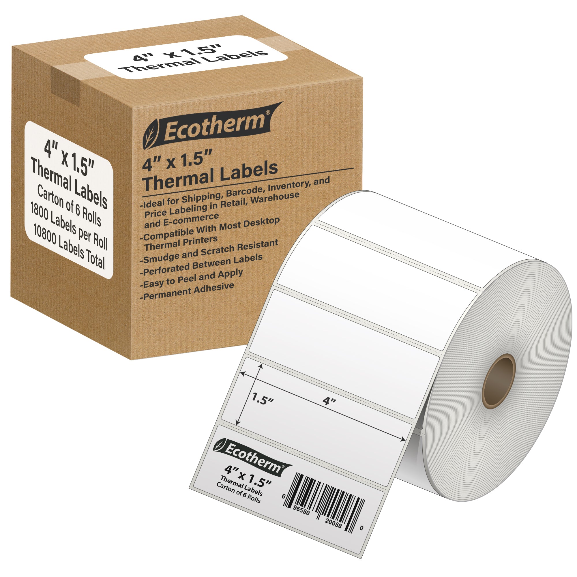 Ecotherm 4" x 1.5" direct thermal address labels — 6-roll case on 1" core, 75gsm matte white, perforated.