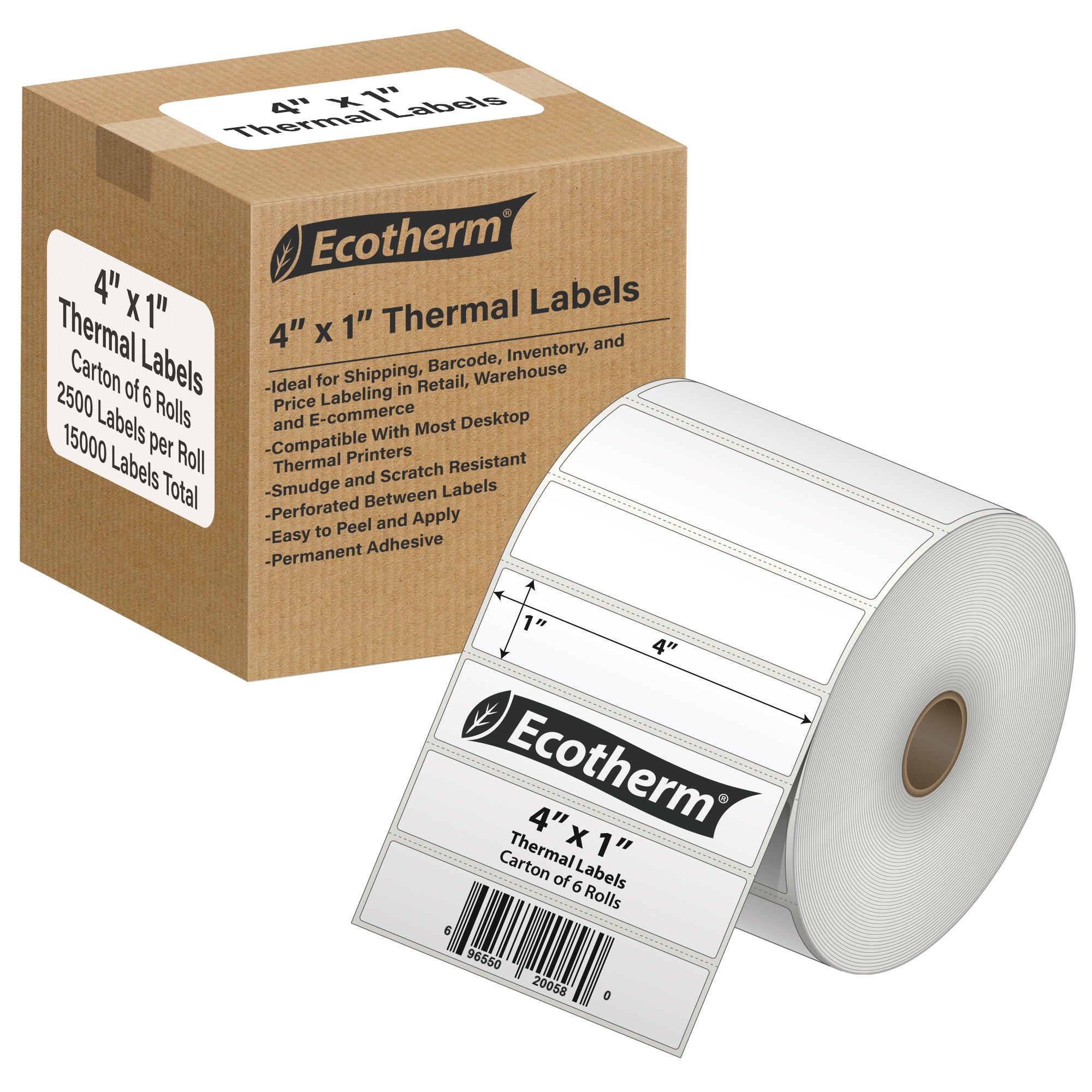 Ecotherm 4" x 1" direct thermal address labels — 6-roll case on 1" core (5" outer diameter), 75gsm matte white paper, perforated.