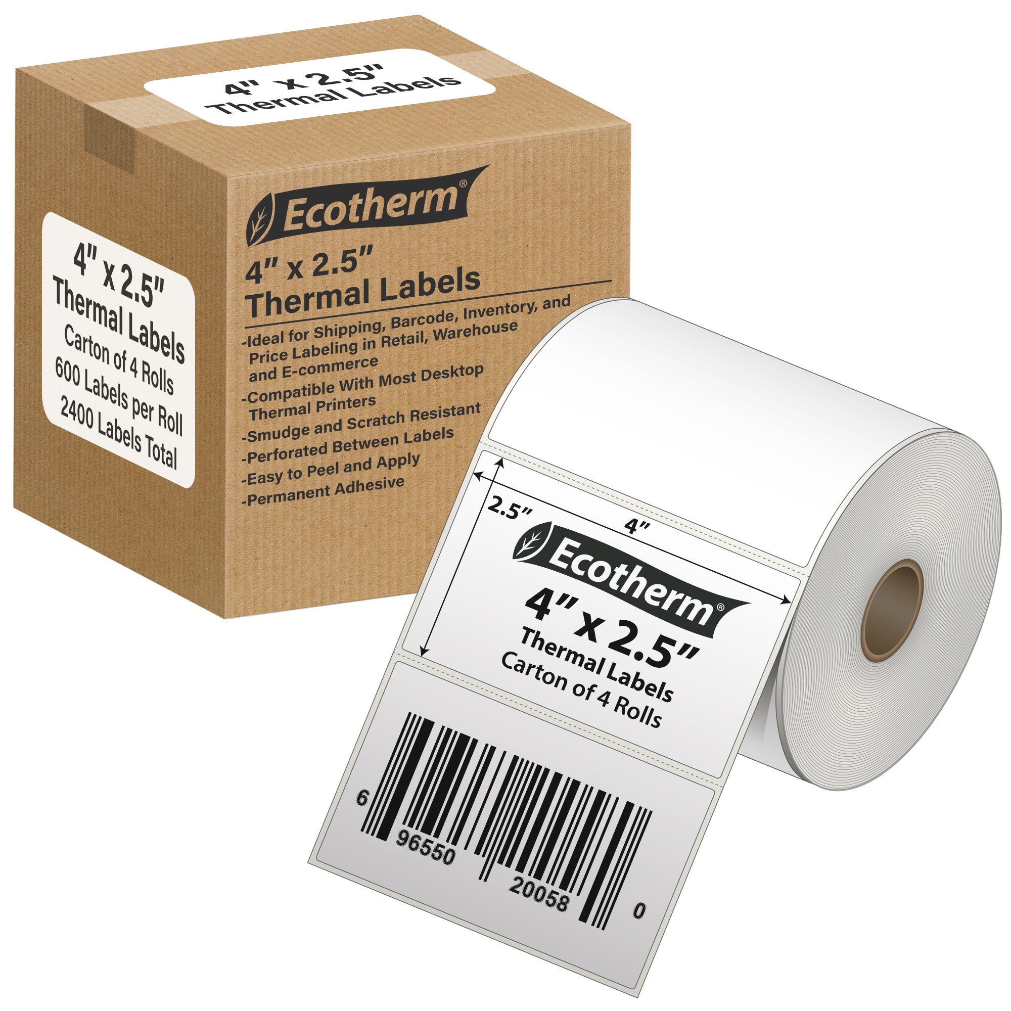 Ecotherm 4" x 2.5" direct thermal carton labels — 4-roll case on 1" core, 75gsm matte white, perforated.