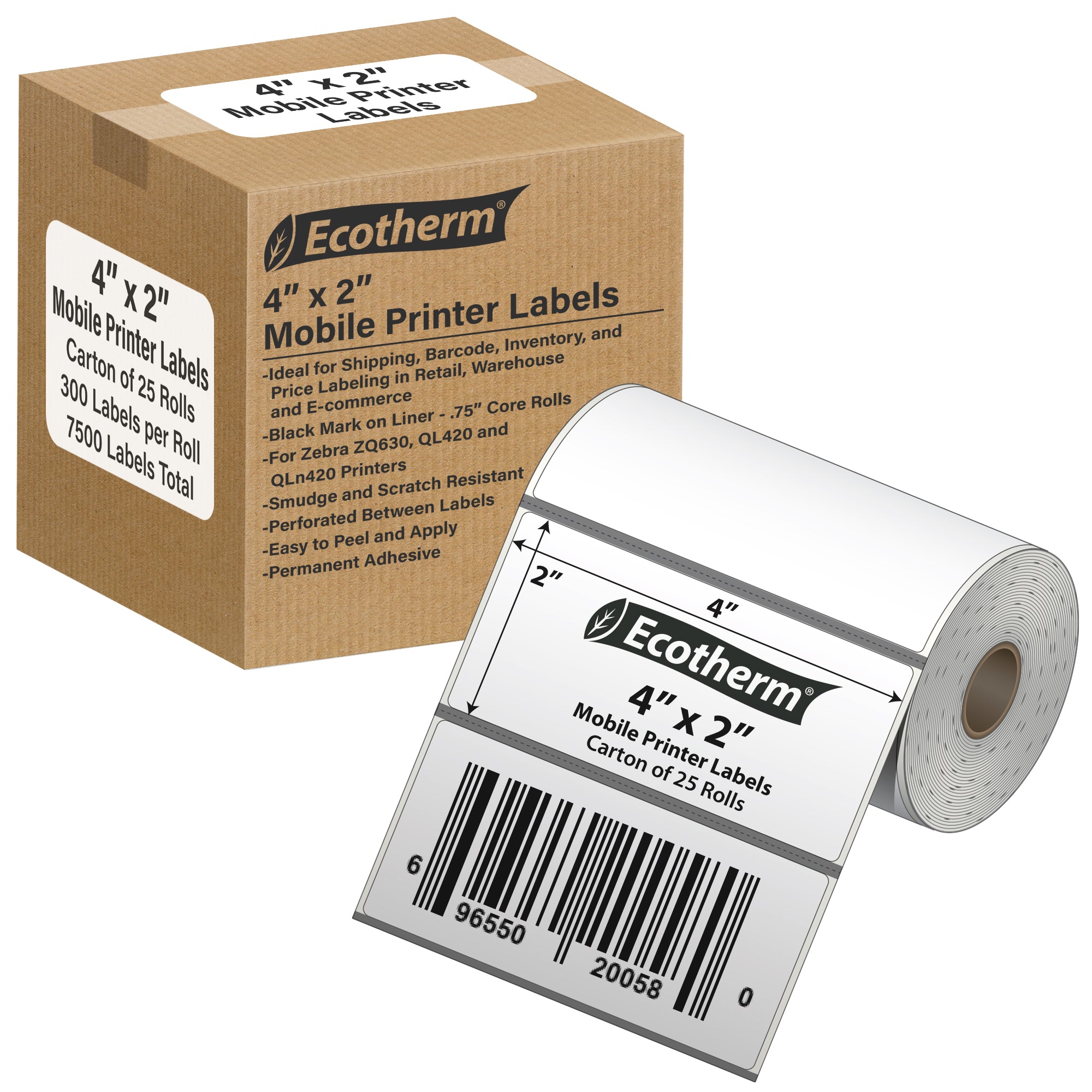 Ecotherm 4" x 2" direct thermal mobile printer labels — single roll on 0.75" core, 75gsm matte white, perforated.