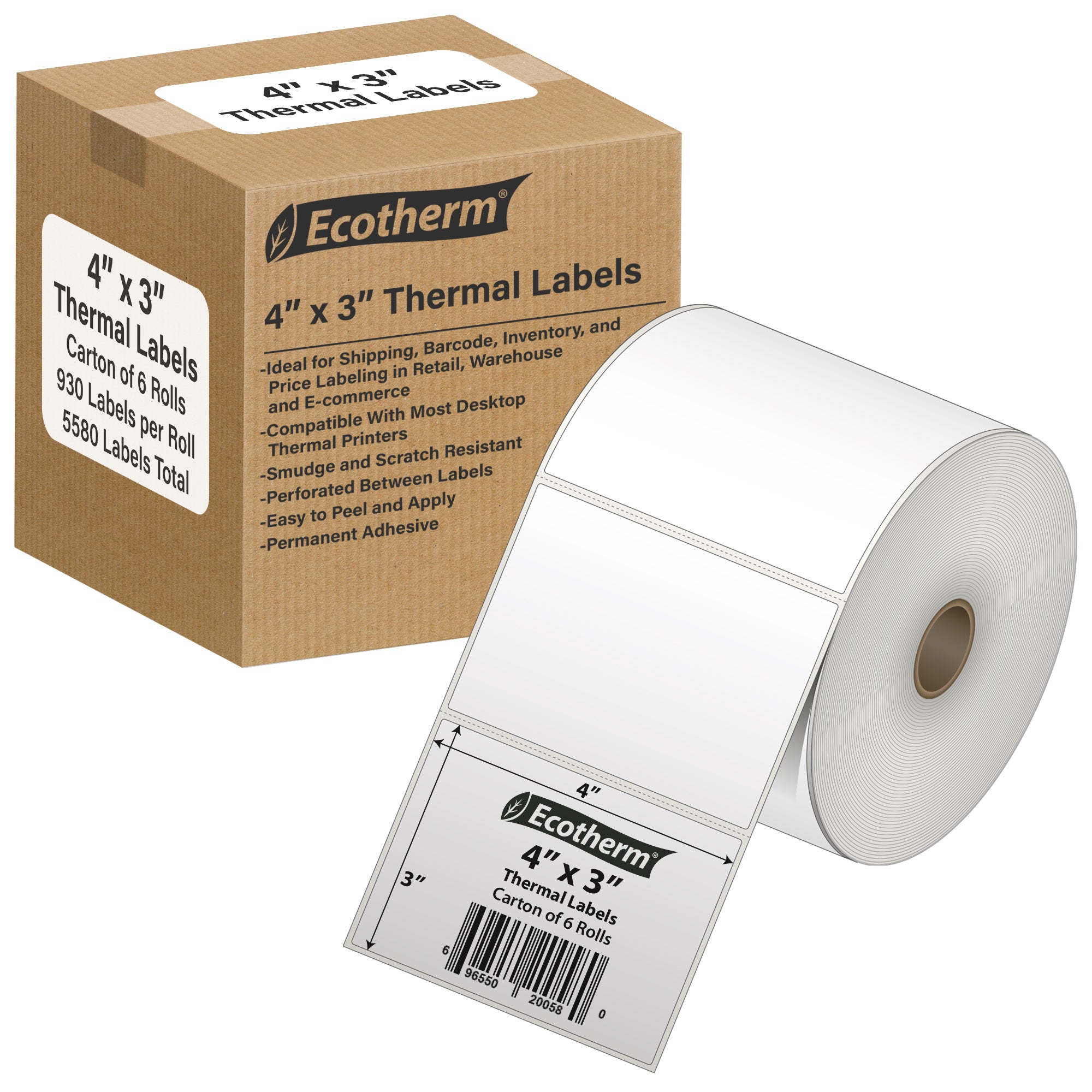 Ecotherm 4" x 3" direct thermal shipping labels — 6-roll case on 1" core, 75gsm matte white, perforated.